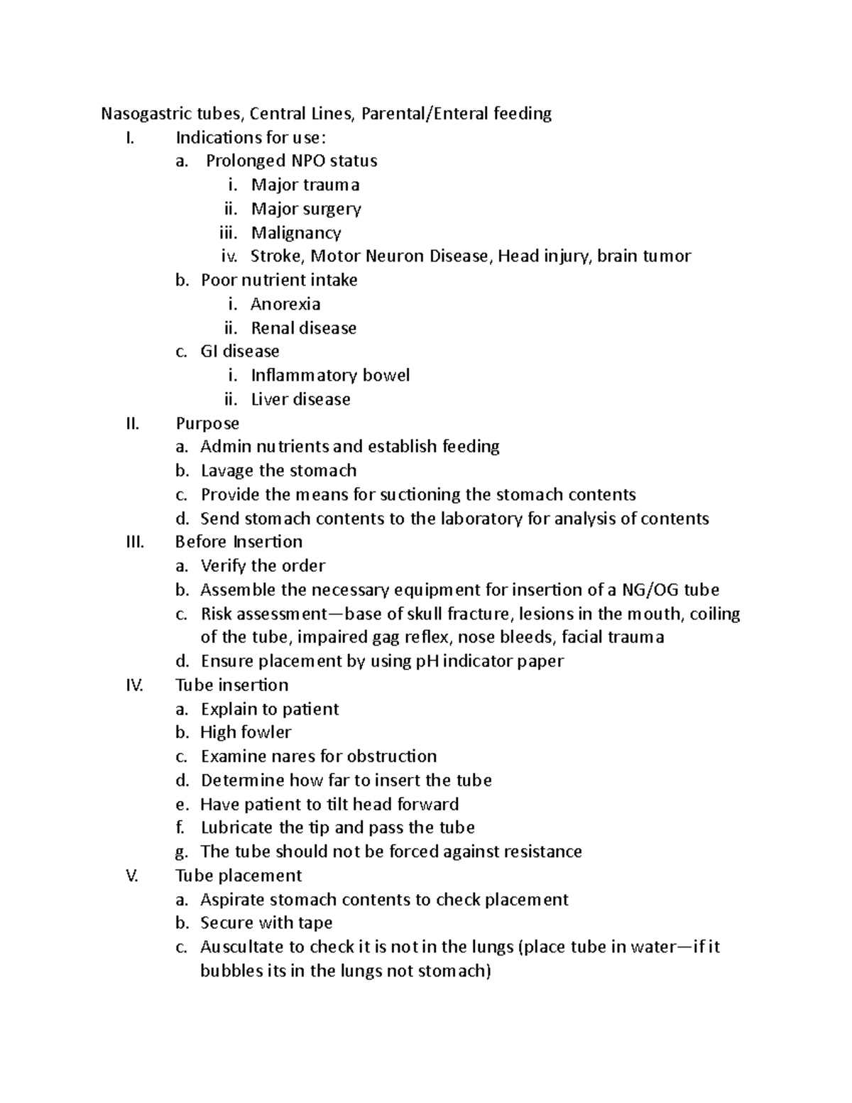 Nasogastric Tubes and Central Lines Indications Insertion and Care
