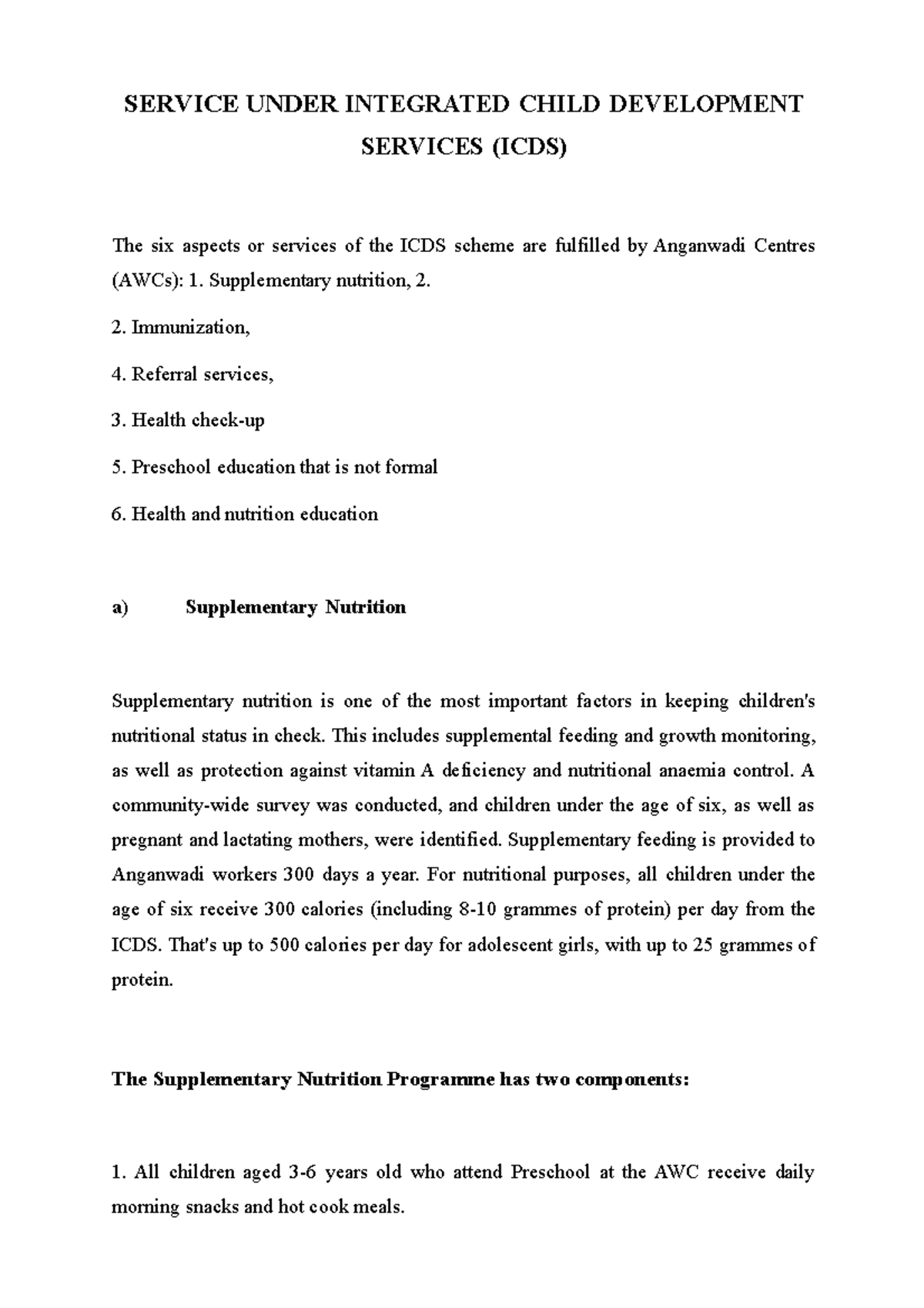 Service Under Integrated Child Development Services (ICDS) SERVICE
