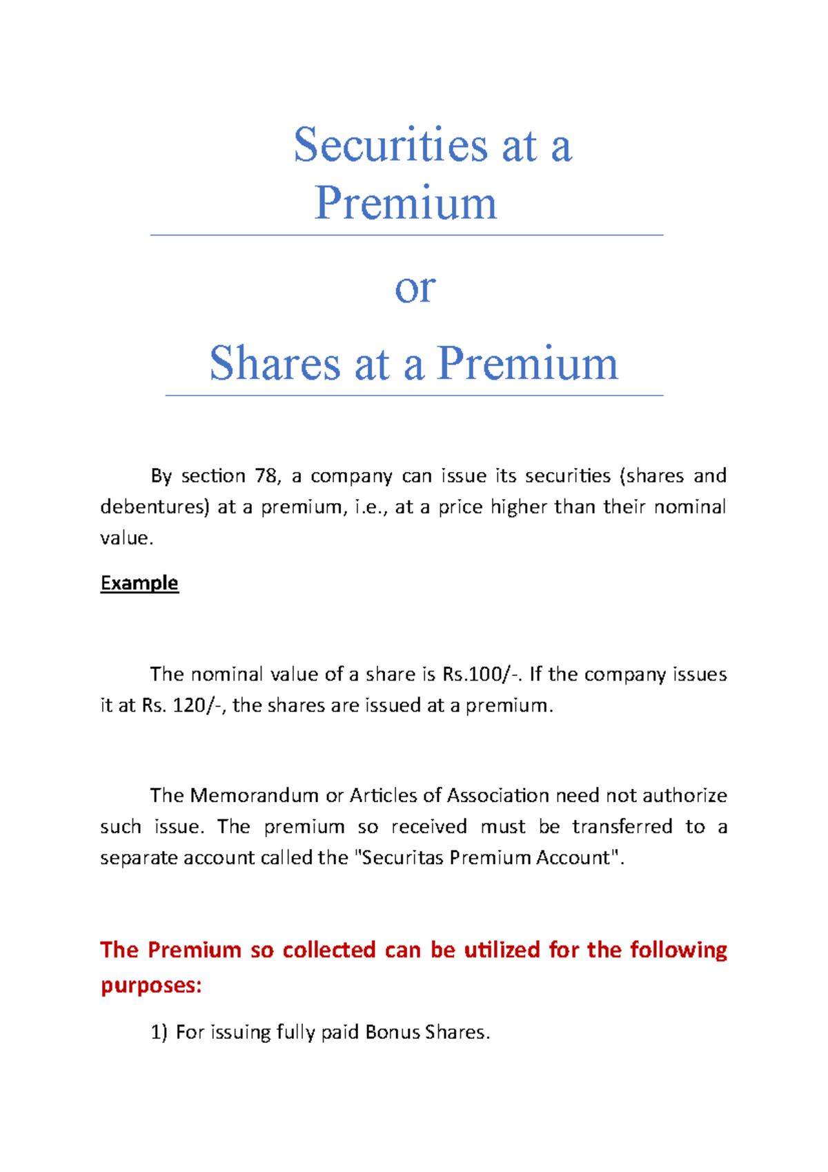 Securities at a Premium - Securities at a Premium or Shares at a ...