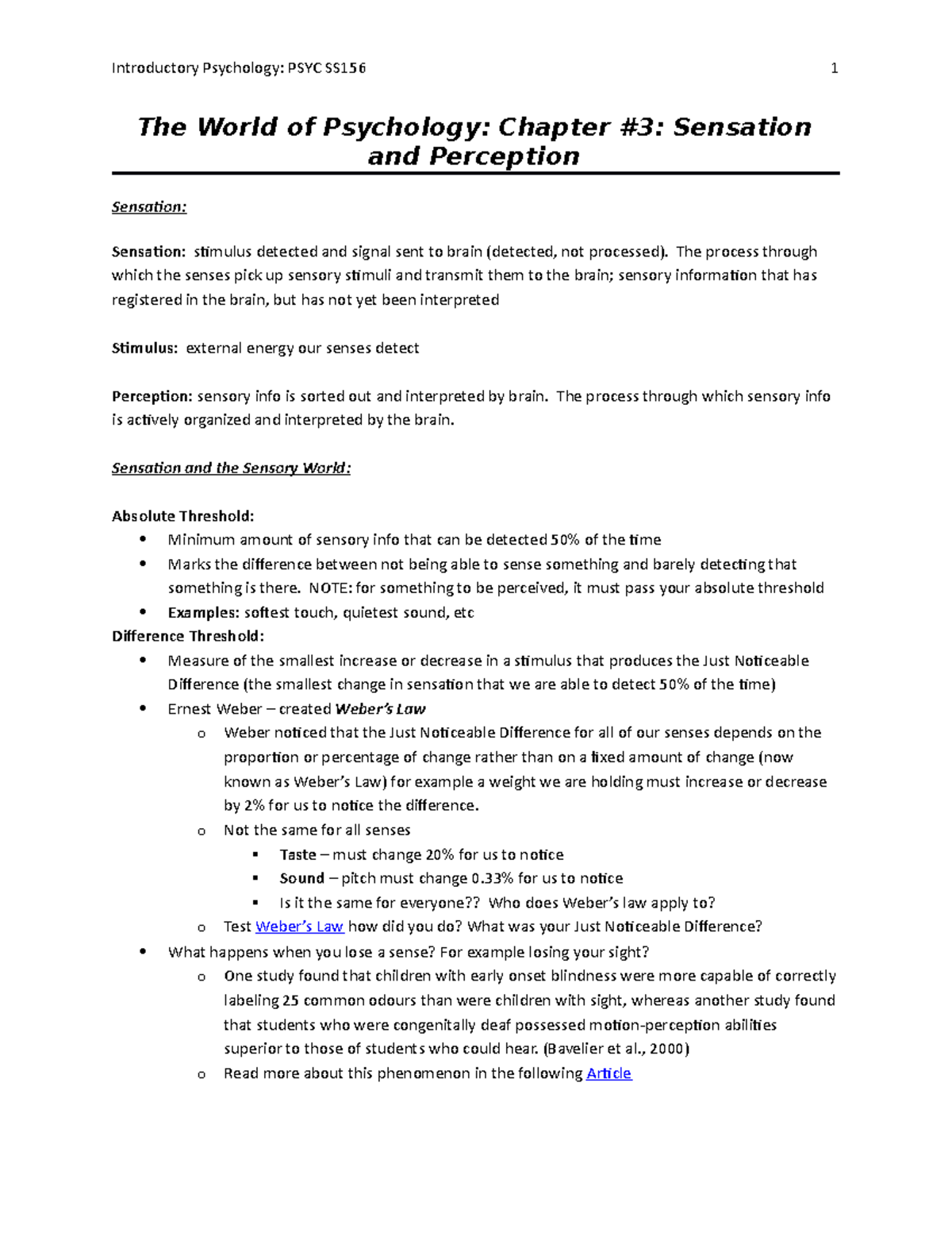 Chapter#3 - Sensation And Perception - PSYCSS156 - Mohawk College - Studocu