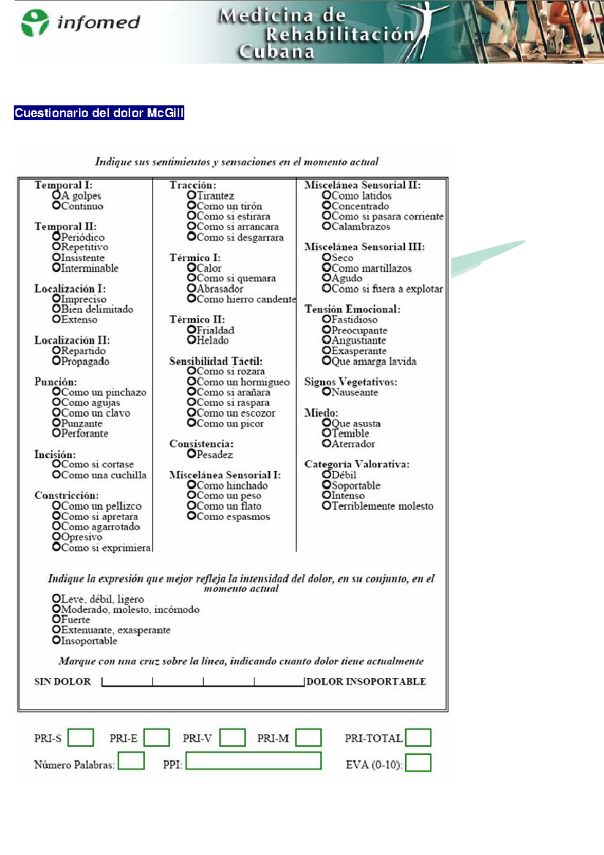 CuestionariodeldolorMc Gill (medir el dolor ) Cuestionario del