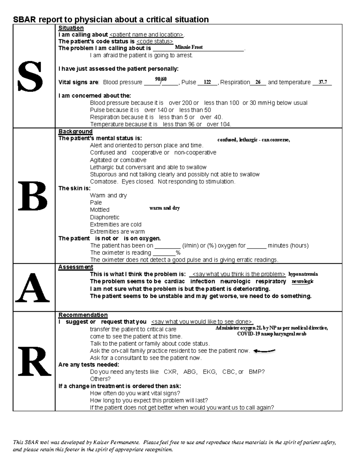 SBAR Worksheet - SBAR report to physician about a critical situation S ...