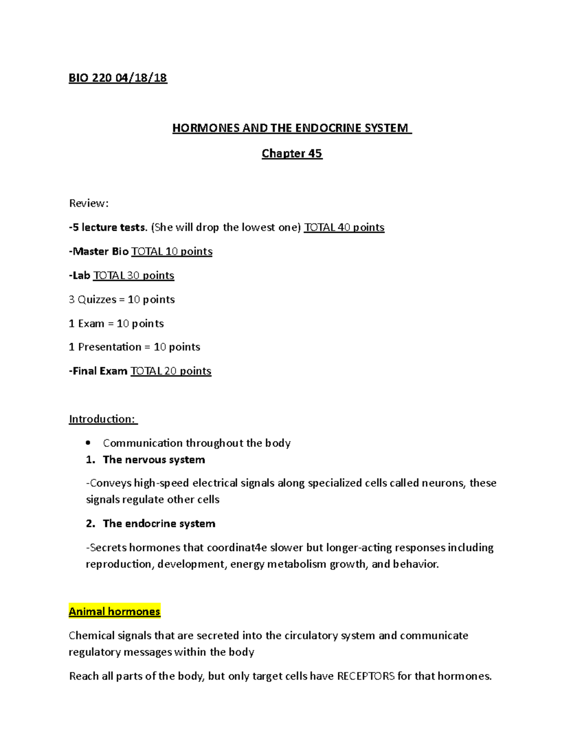 BIO 220 APR 18 BIO 220 Lecture Notes. Prof. Adolfina Koroch. BMCC