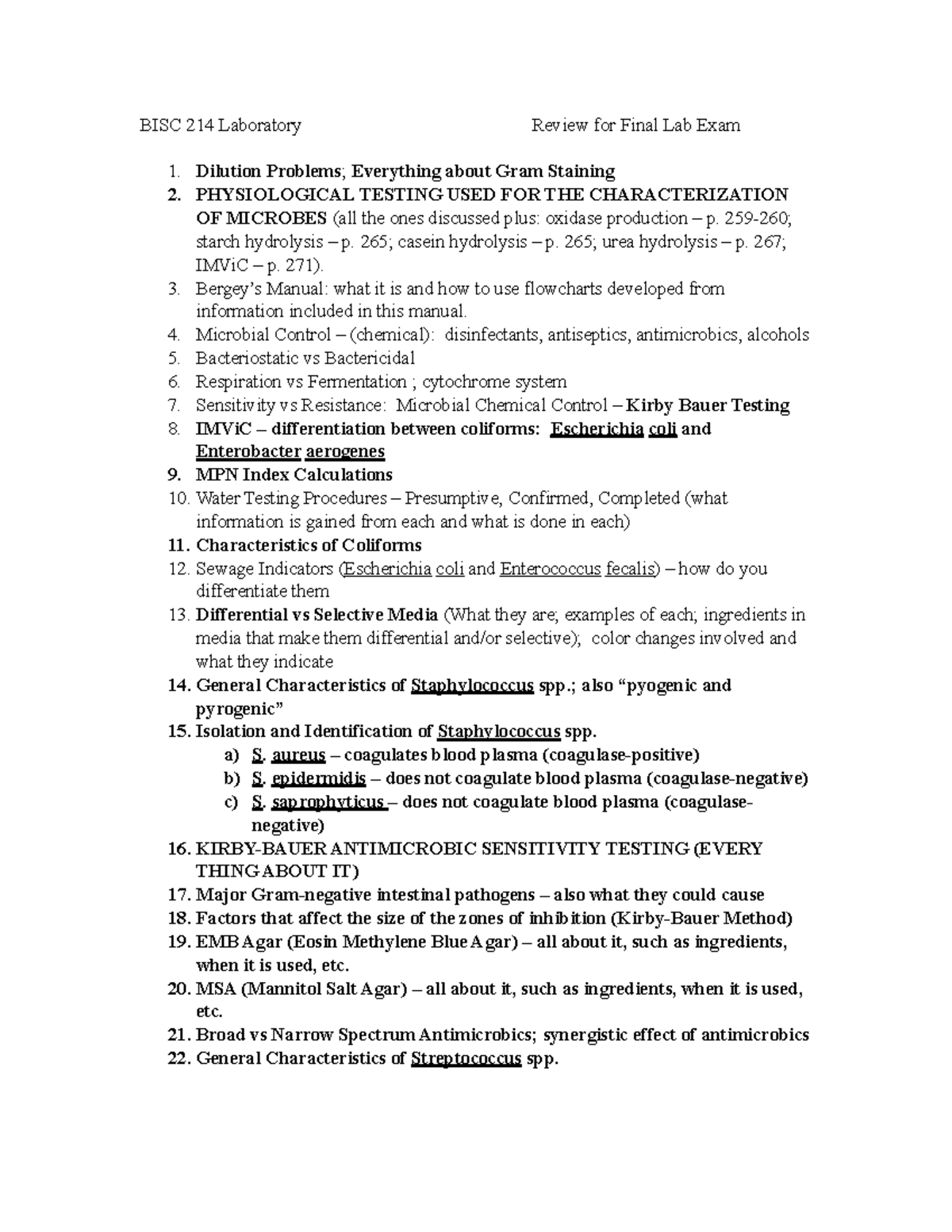 BISC 214 Laboratory Review for Final Lab Exam - 259-260; starch ...