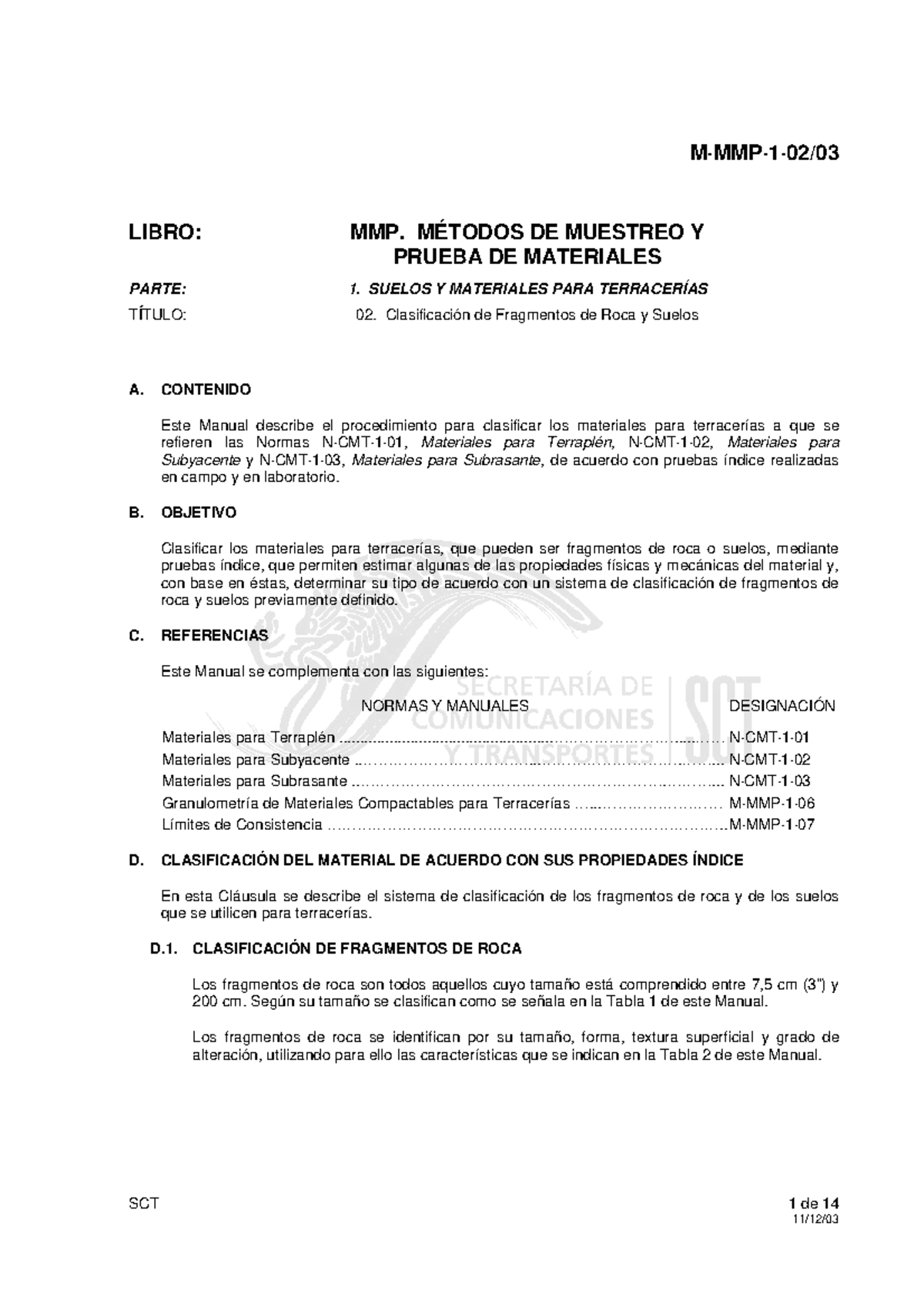 M MMP 1 02 03 - Norma de la SCT sobre el SUCS - 1 de 14 SCT M·MMP·1·02 ...