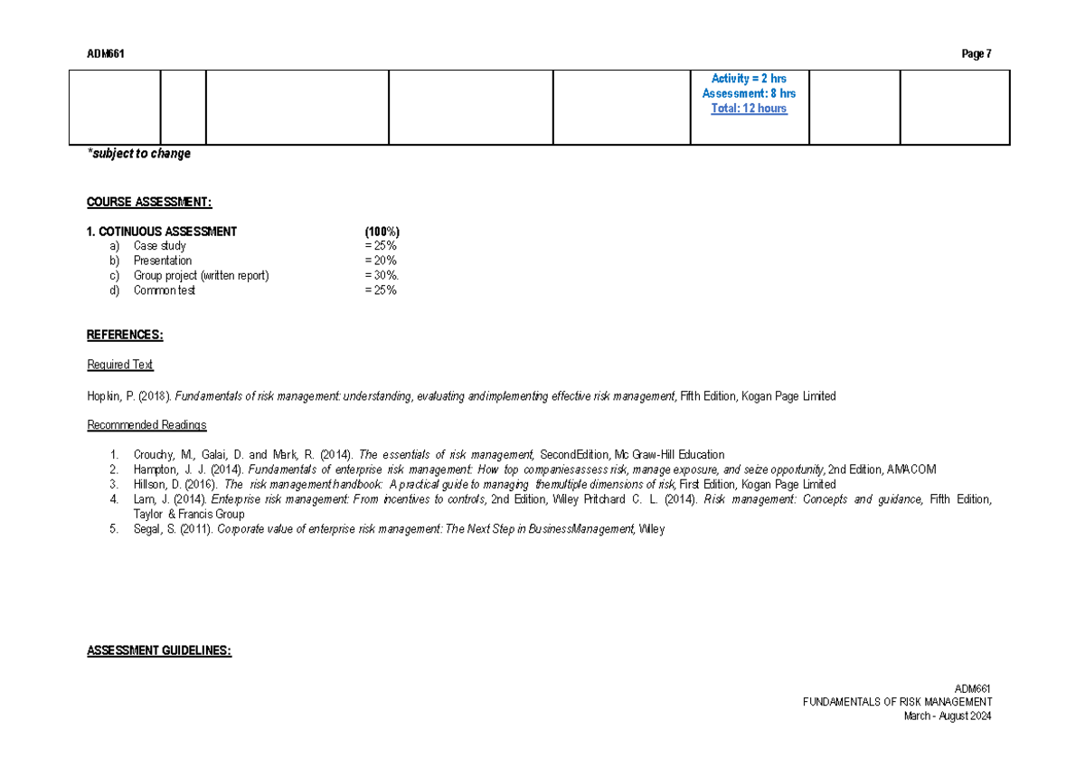 SOW ADM661 MAC - OGOS 2024-1-9 - ADM ADM FUNDAMENTALS OF RISK ...