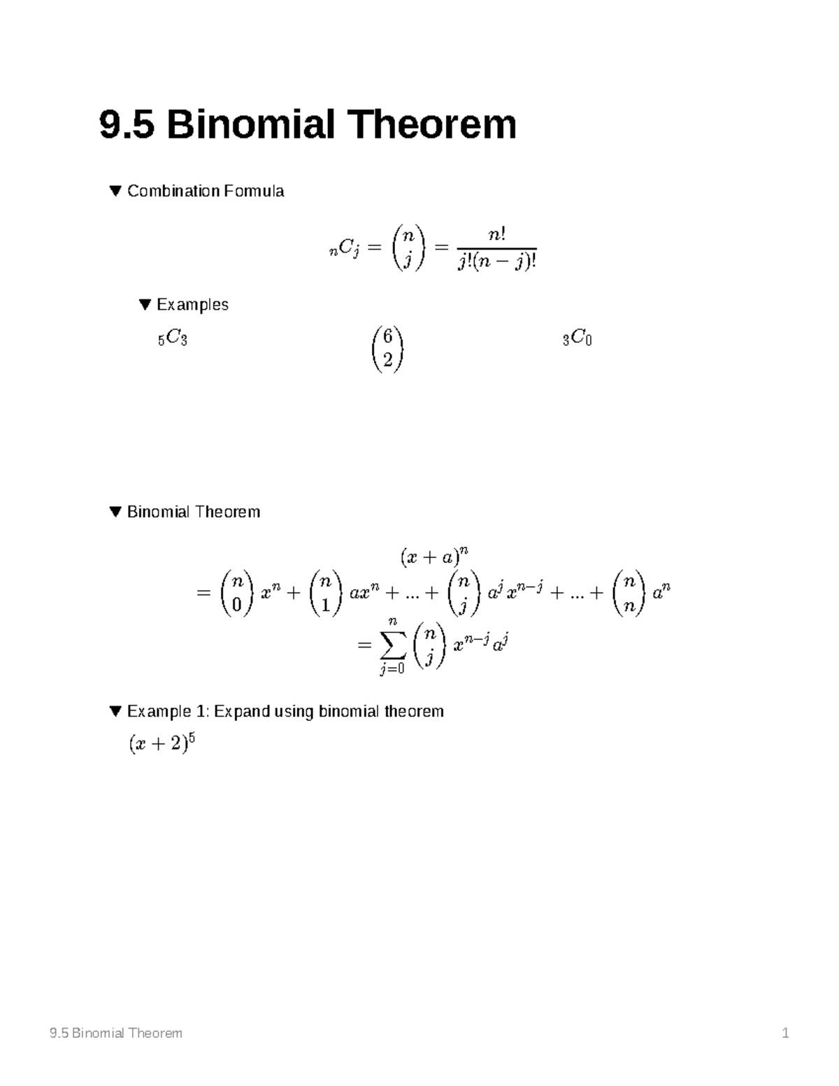 Mac1140 Blank Notes 9 Binomial Theorem 9 Binomial Theorem 1 9 Binomial Theorem Combination 2954