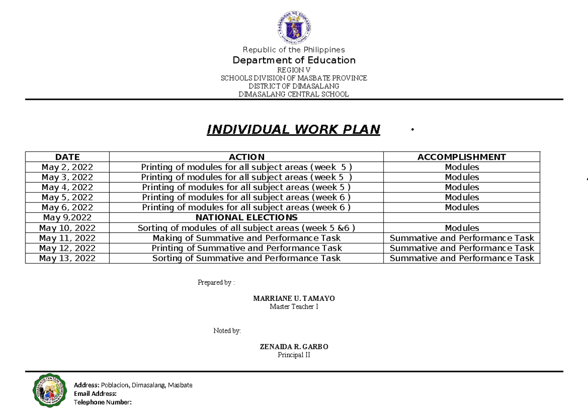 WORK PLAN - A WORK PLAN - Republic of the Philippines Department of ...