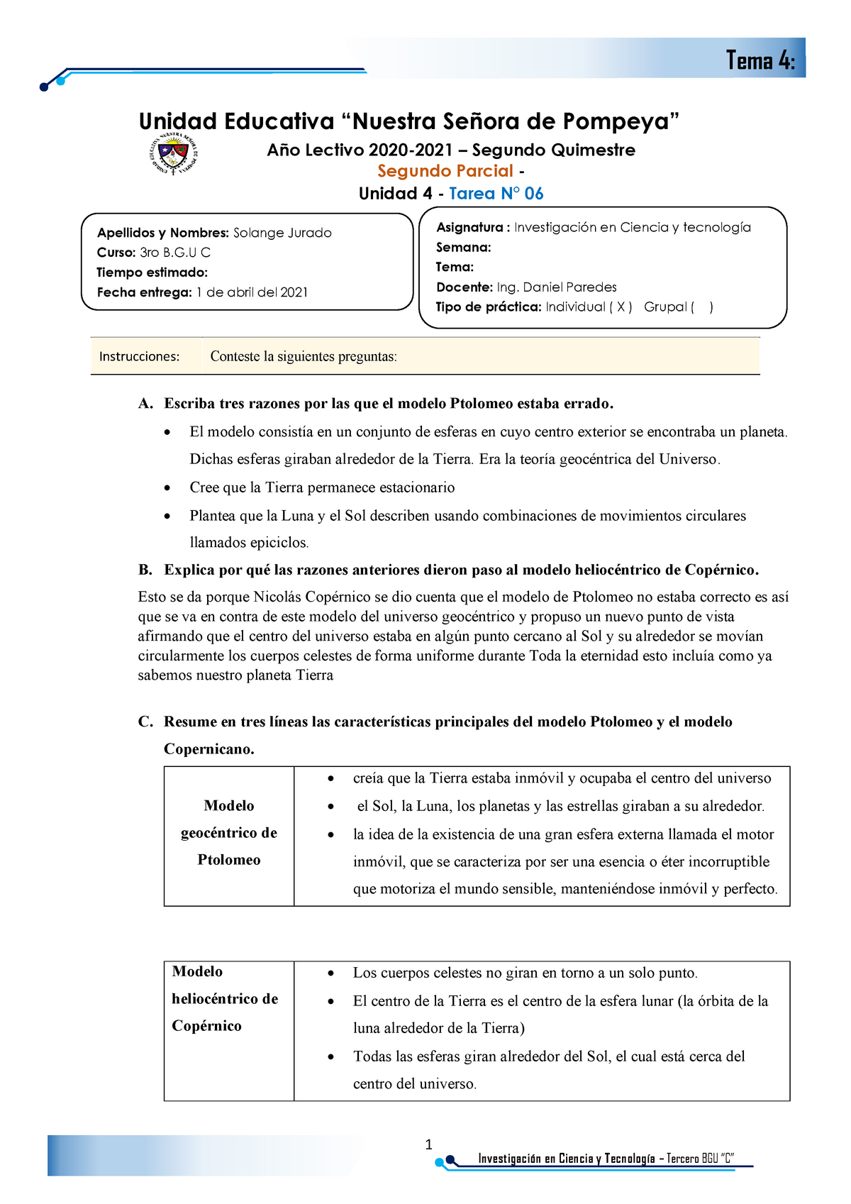 06 Tarea 6 - deber - 1 Tema 4: Investigación en Ciencia y Tecnología –  Tercero BGU “C” Unidad - Studocu