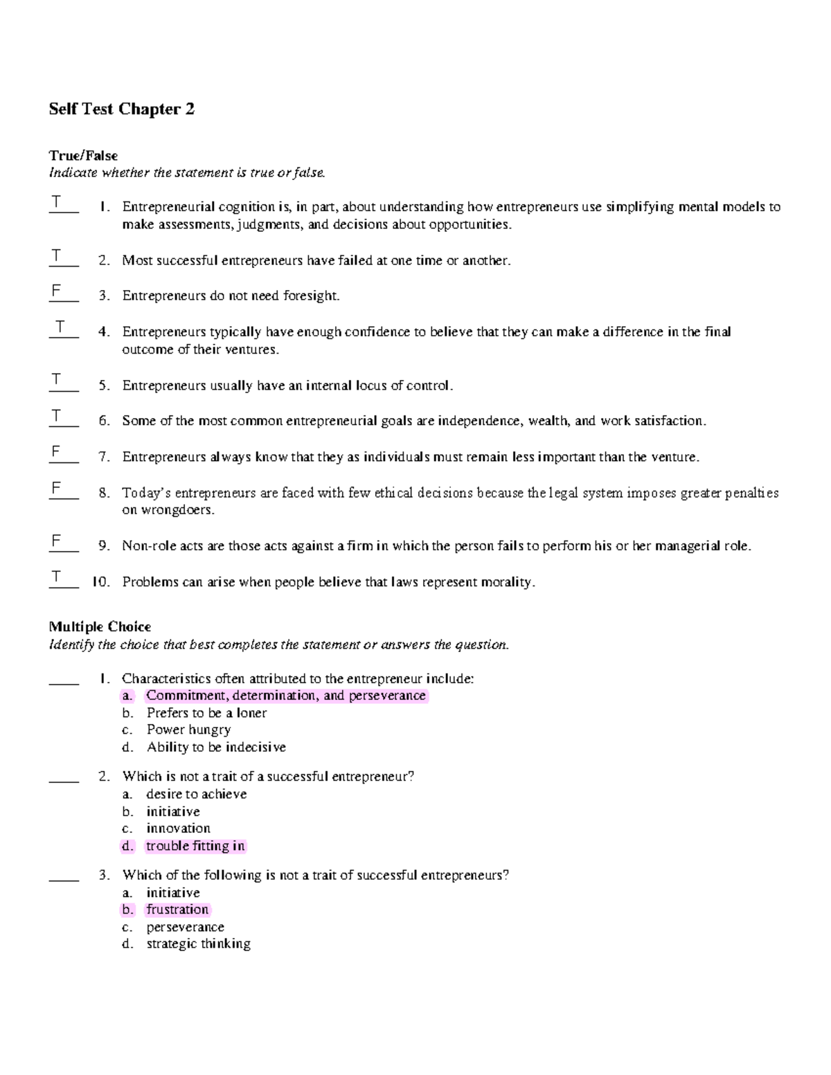 Self Test Chapter 2 - Bus3500 - Self Test Chapter 2 True/False Indicate ...