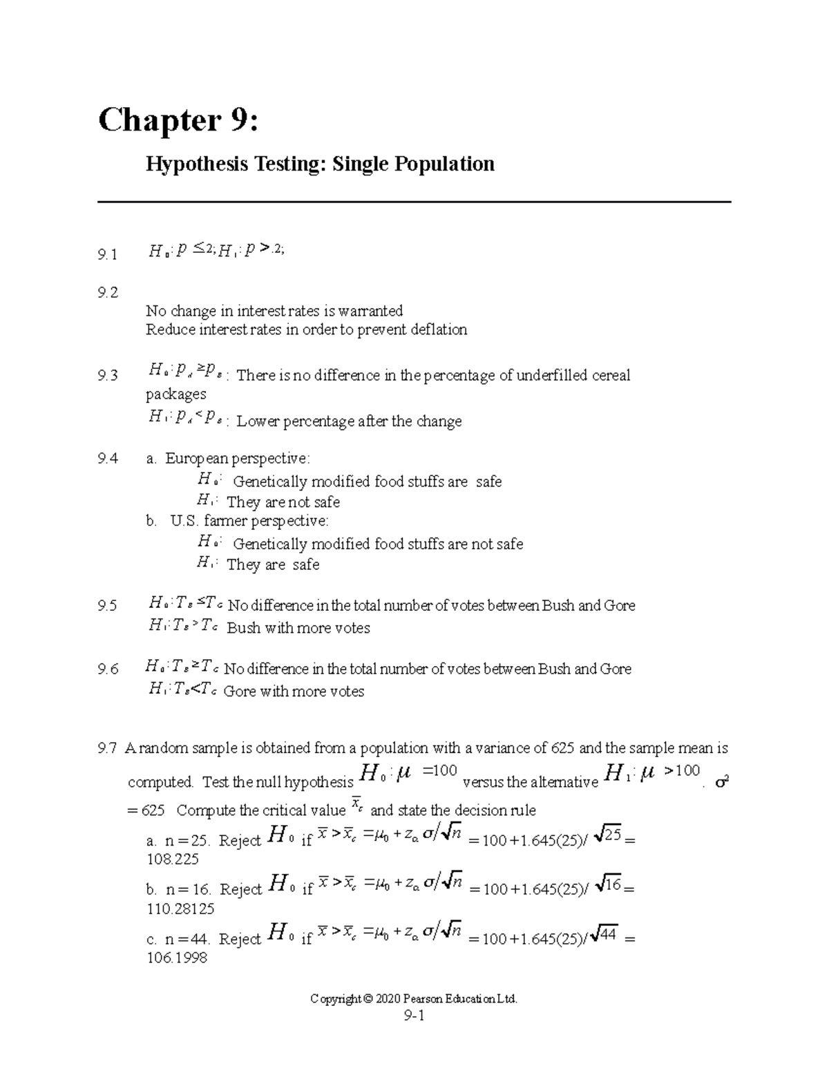 Newbold SBE9e ISM CH09 - Chapter 9: Hypothesis Testing: Single ...