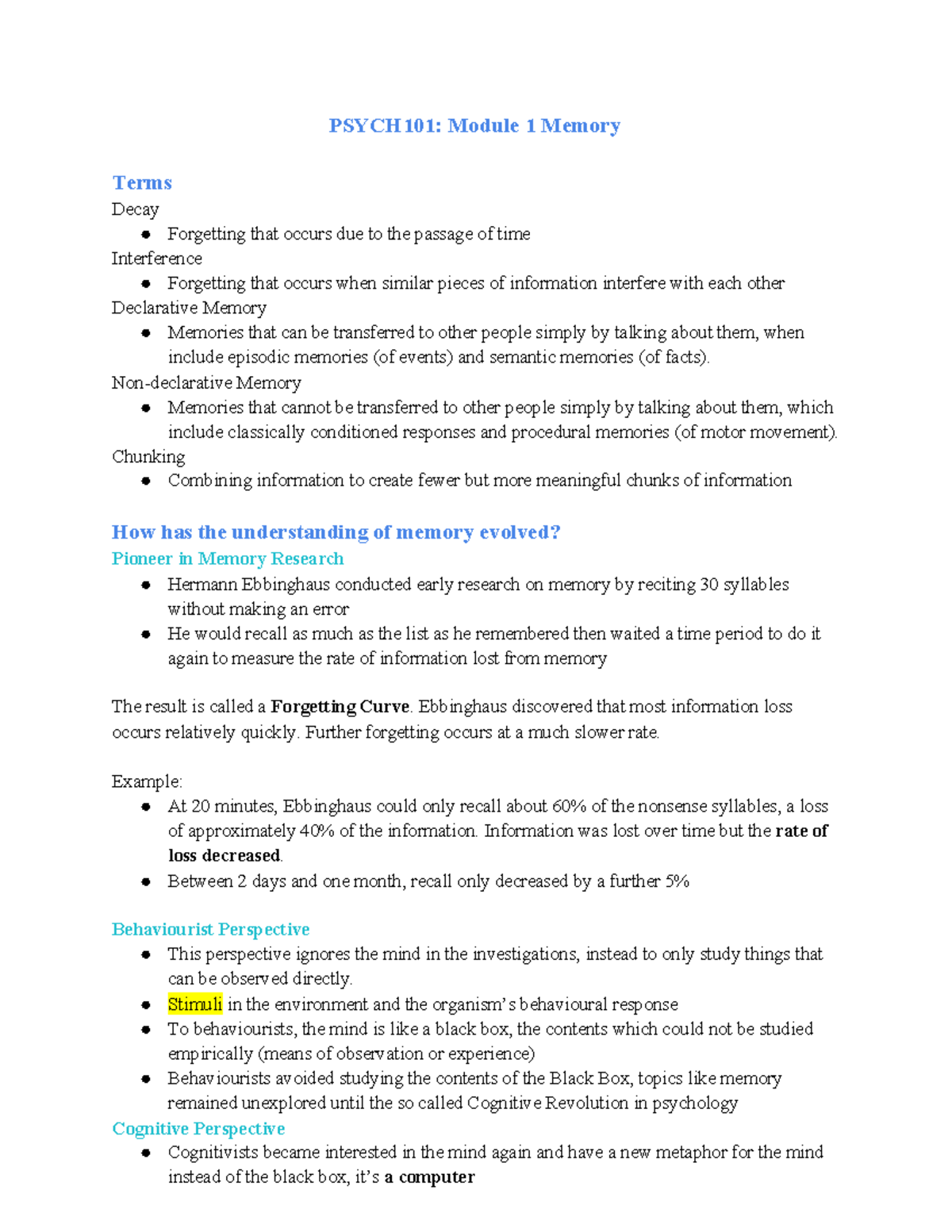 Psych 101 Notes - Modules 1 and 2 - PSYCH101: Module 1 Memory Terms ...