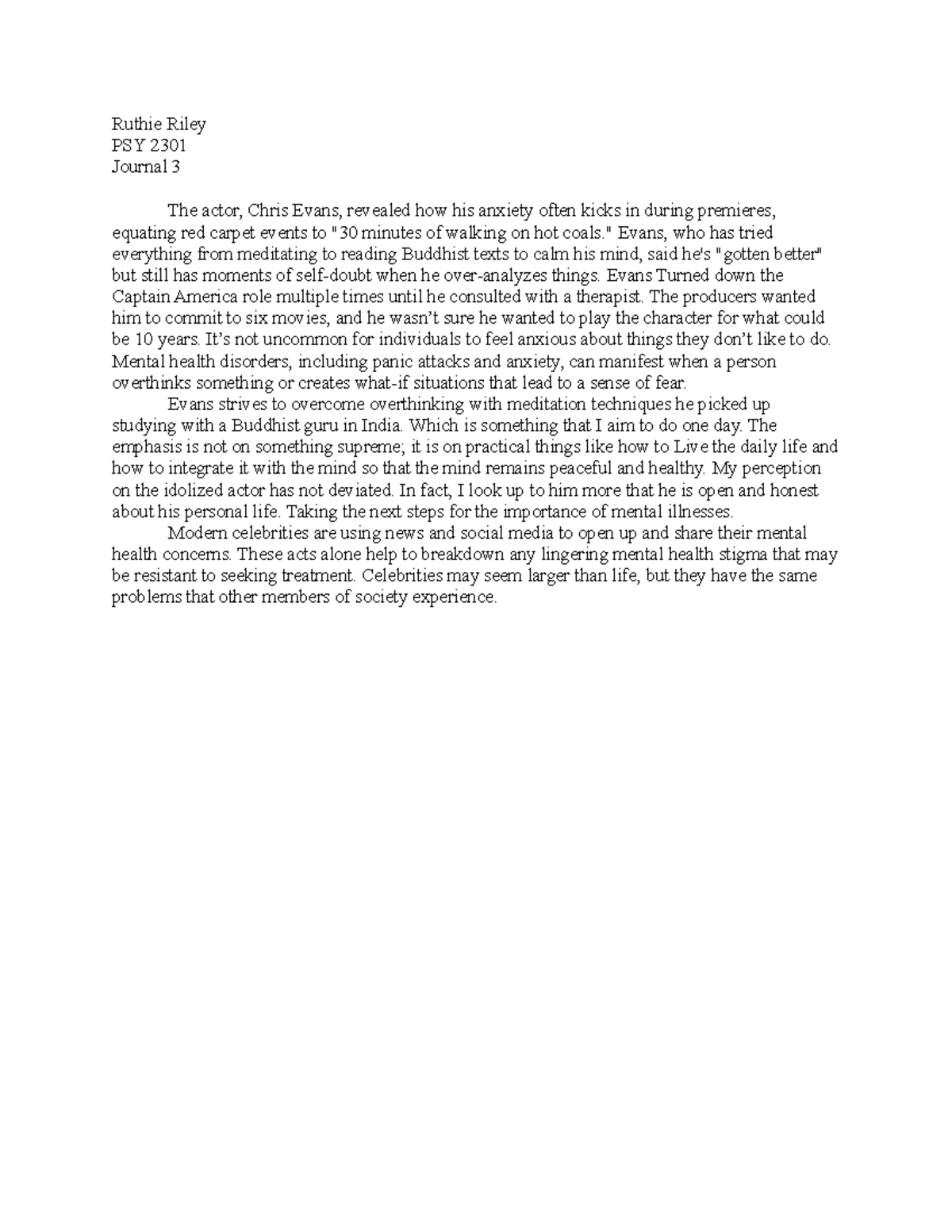 Unit III Journal 3 Abnormal PSY - Ruthie Riley PSY 2301 Journal 3 The ...