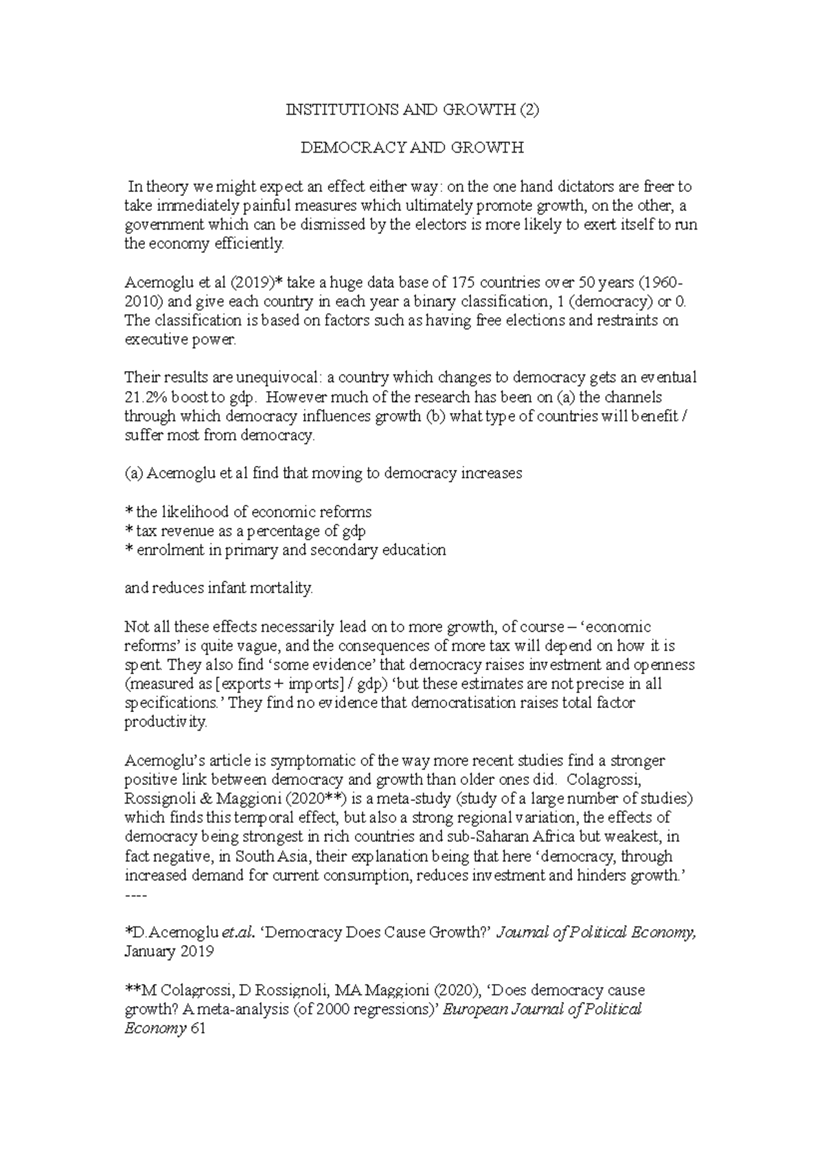 Handout 14 - Lecture note - INSTITUTIONS AND GROWTH (2) DEMOCRACY AND ...