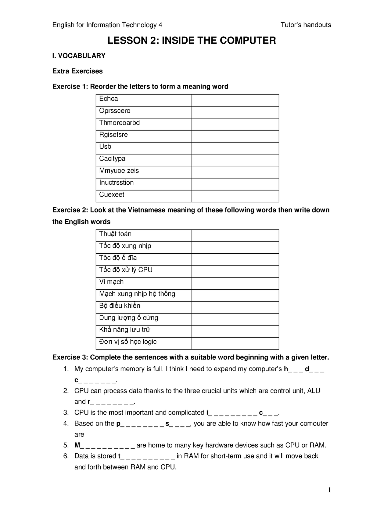 Lesson 2 - Không - LESSON 2: INSIDE THE COMPUTER I. VOCABULARY Extra ...