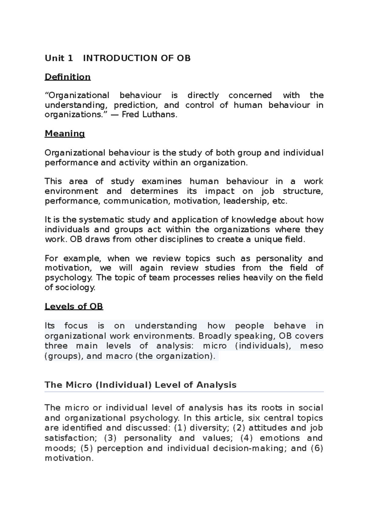 Unit 1 Introduction OF OB (s1) - Unit 1 INTRODUCTION OF OB Definition ...