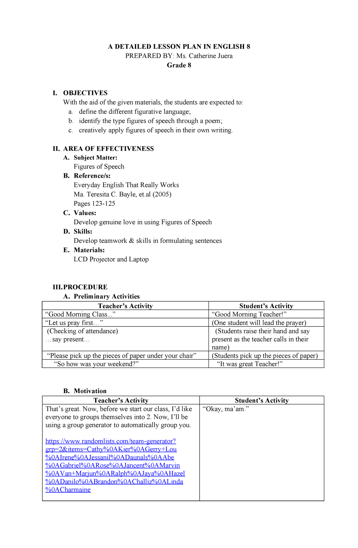 Lesson Plan - Figures of Speech Grade 8 - A DETAILED LESSON PLAN IN ...