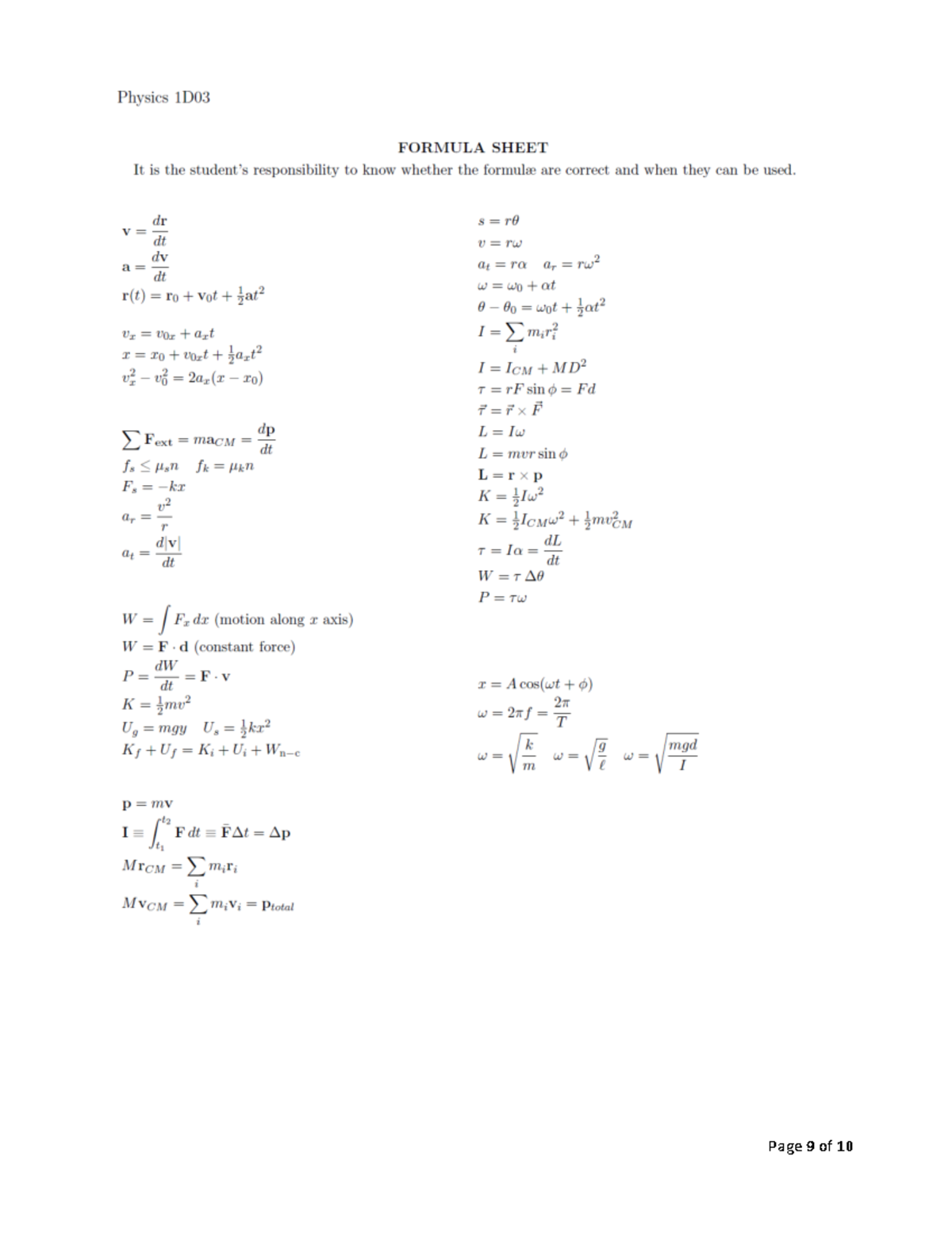 Test2 Formulae - quick n easy - Physics 1D03 - Page 9 of Page 10 of ...