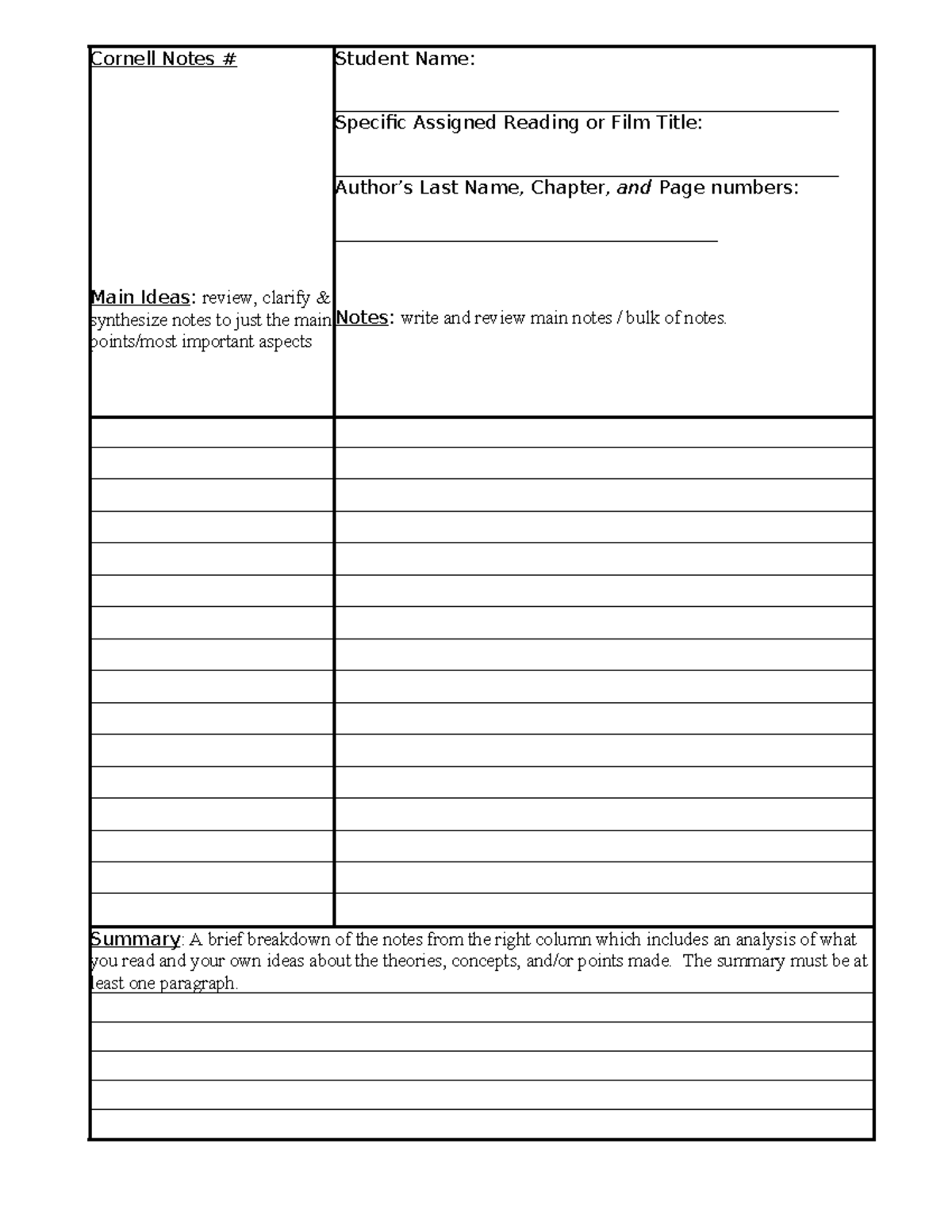 Cornell Notes Template - Cornell Notes # Main Ideas: review, clarify ...