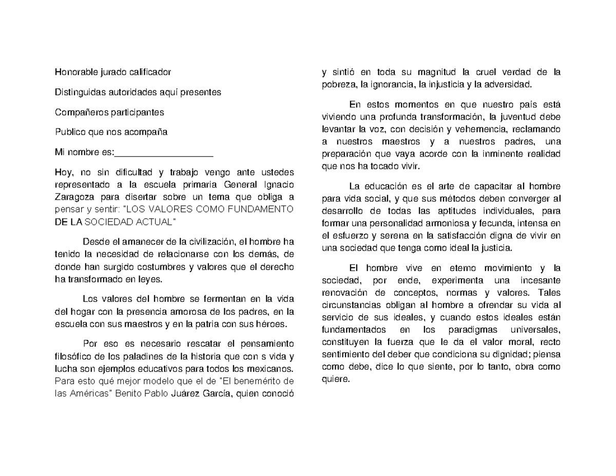 Oratoria de los valores - Honorable jurado calificador Distinguidas