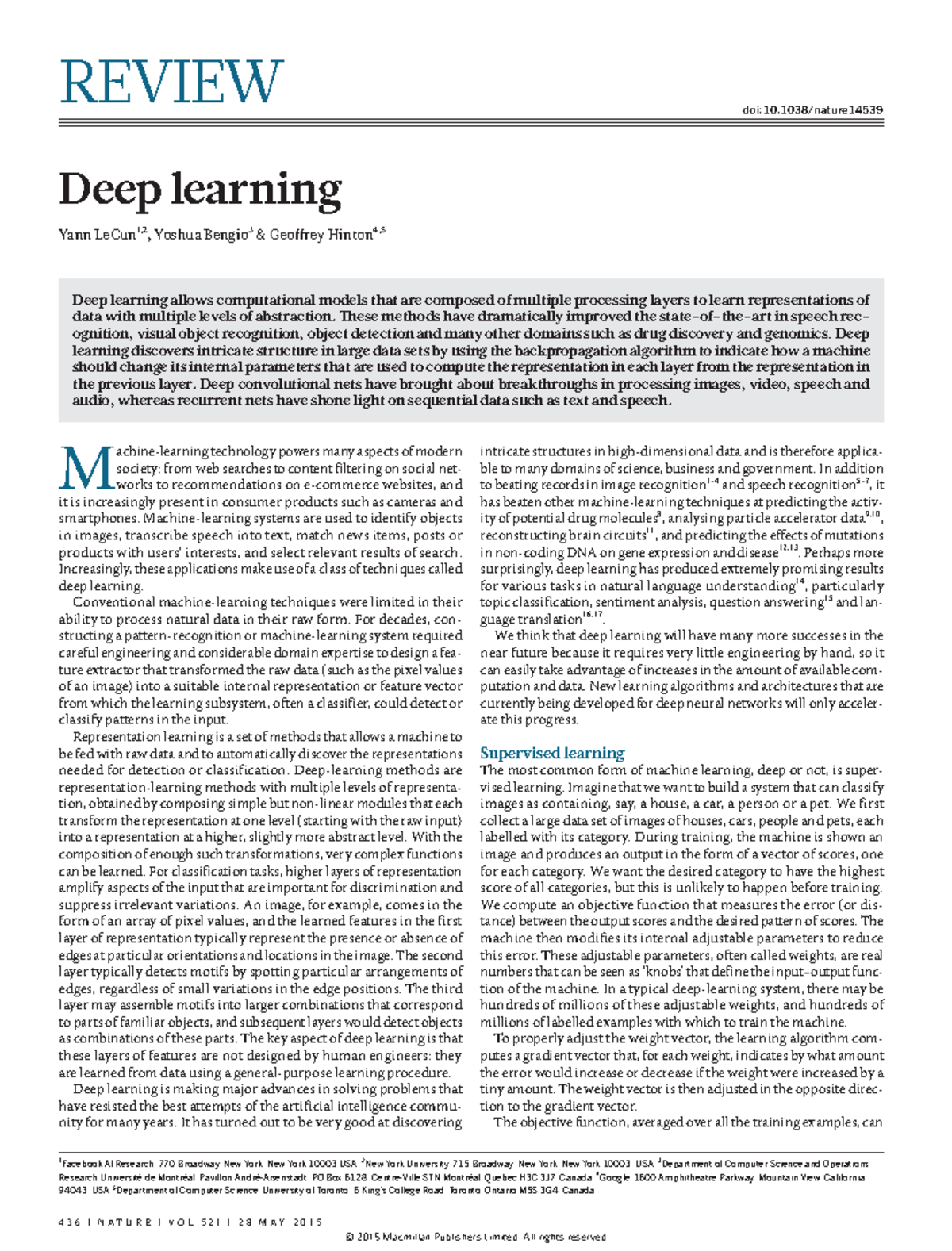 Nature Deep Review - REVIEW Deep Learning Yann LeCun1,2, Yoshua Bengio3 ...