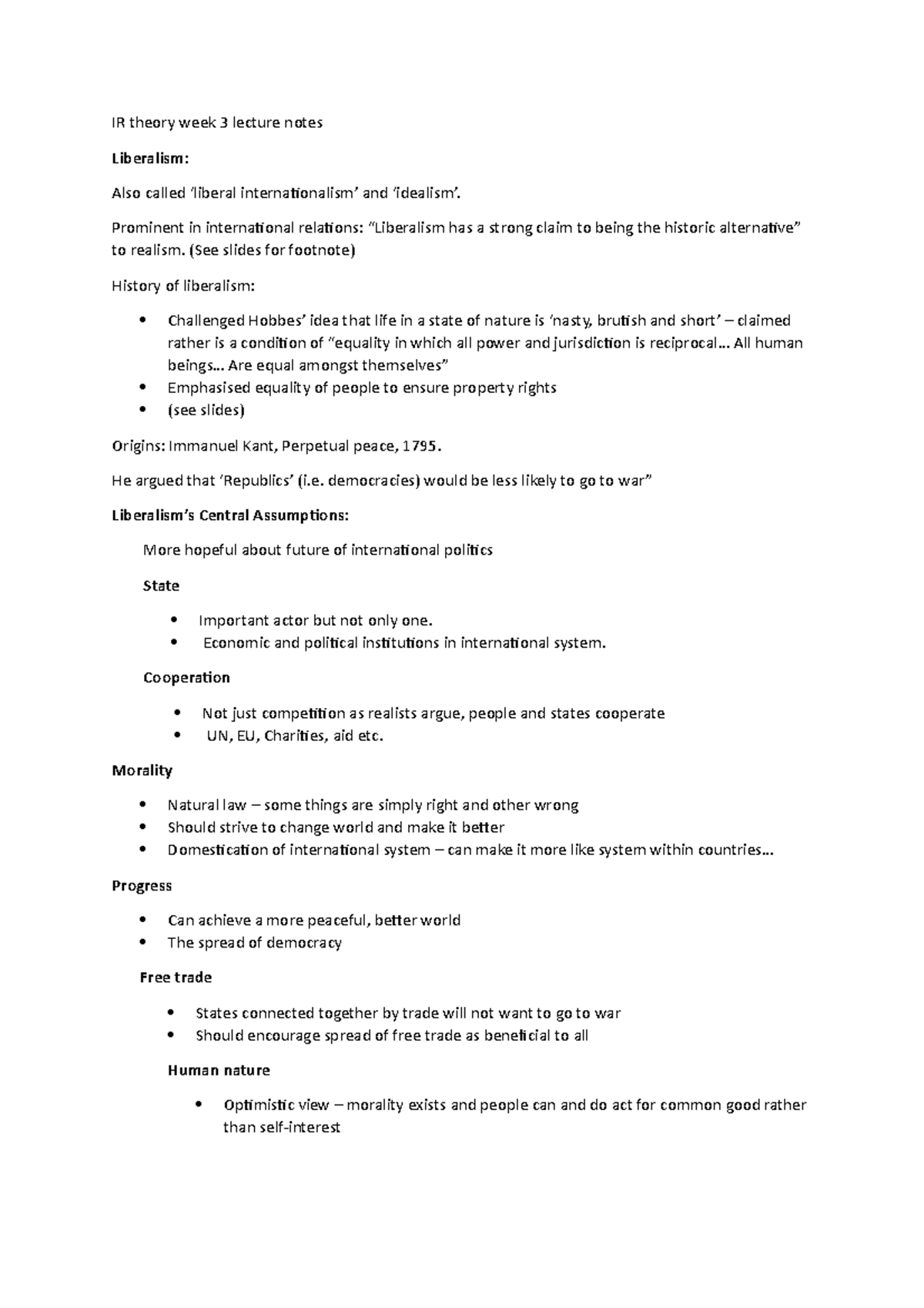 IR theory 1 (Liberalism) Notes - IR theory week 3 lecture notes ...