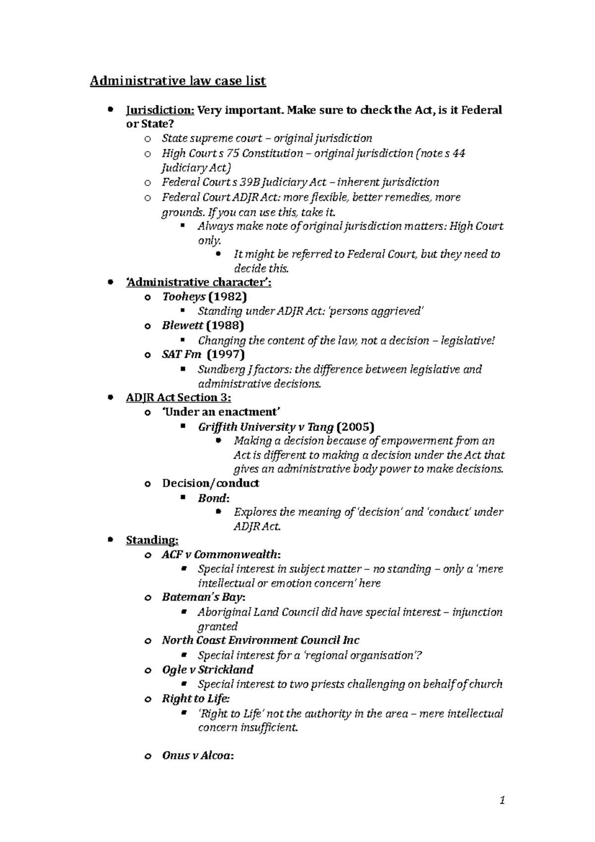 Admin Exam case summaries - Administrative law case list Jurisdiction ...