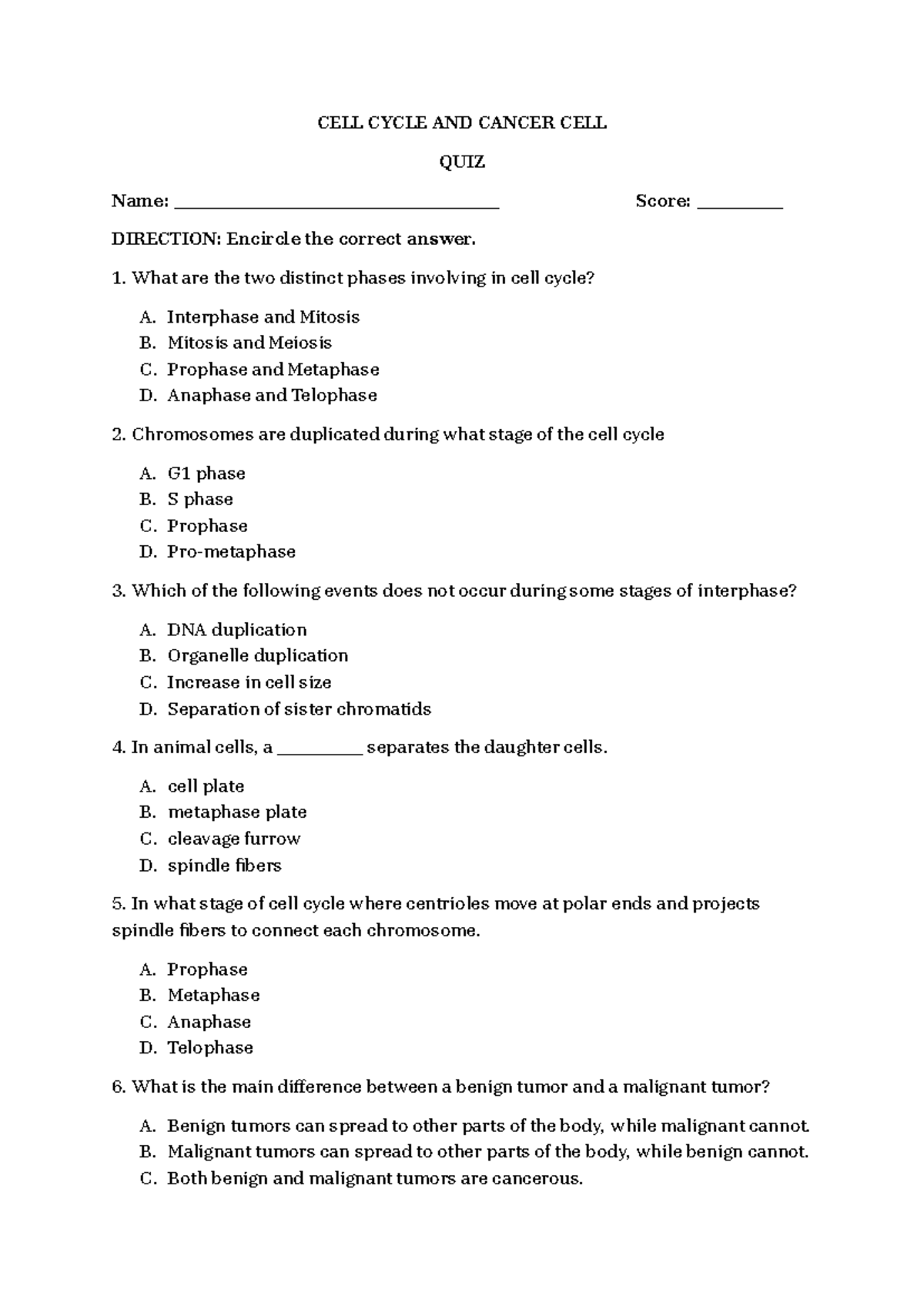 CELL Cycle AND Cancer Cells QUIZ - CELL CYCLE AND CANCER CELL QUIZ Name ...