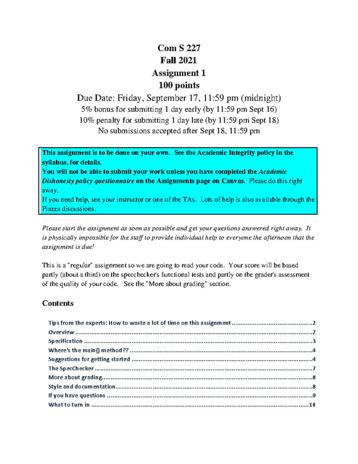 Hw1 - Assignment 1 - Com S 227 Fall 2021 Assignment 1 100 Points Due ...