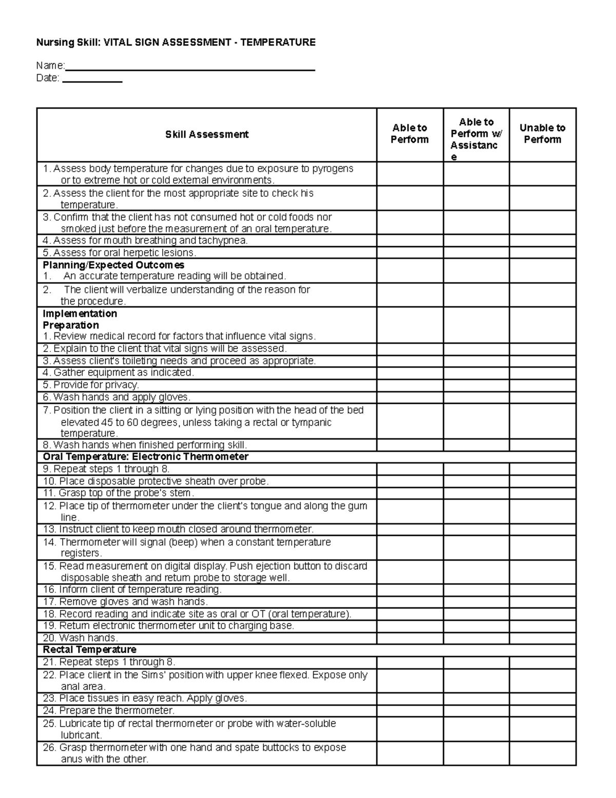 Vital Signs - checklist - Nursing Skill: VITAL SIGN ASSESSMENT ...