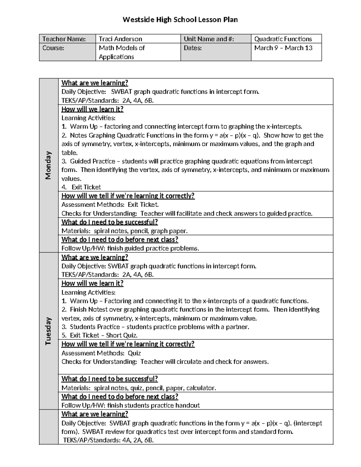 MMAlessonplan 03 09 03 13doc - Westside High School Lesson Plan Teacher ...