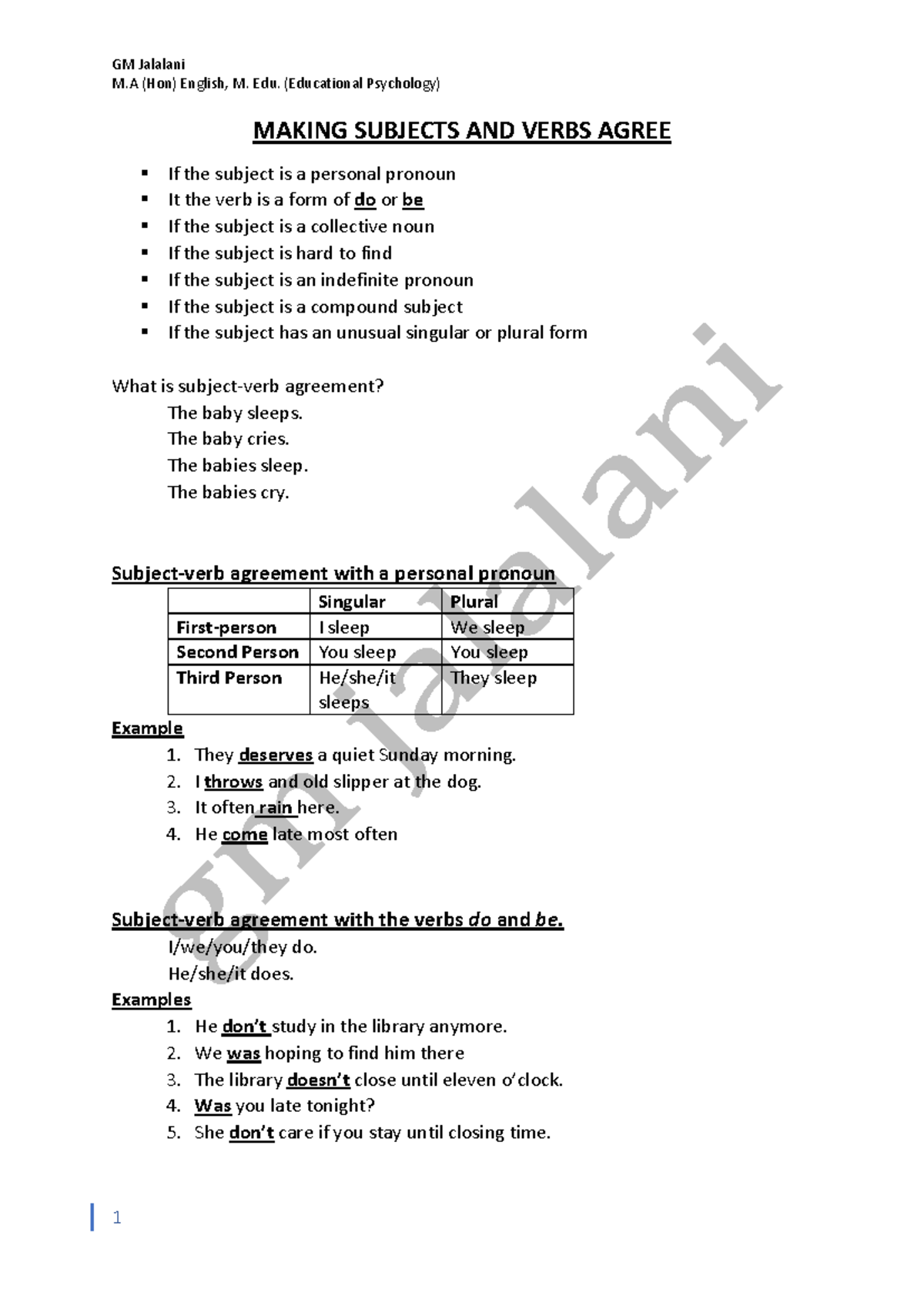 Subject-Verb Agreement - M (Hon) English, M. Edu. (Educational ...
