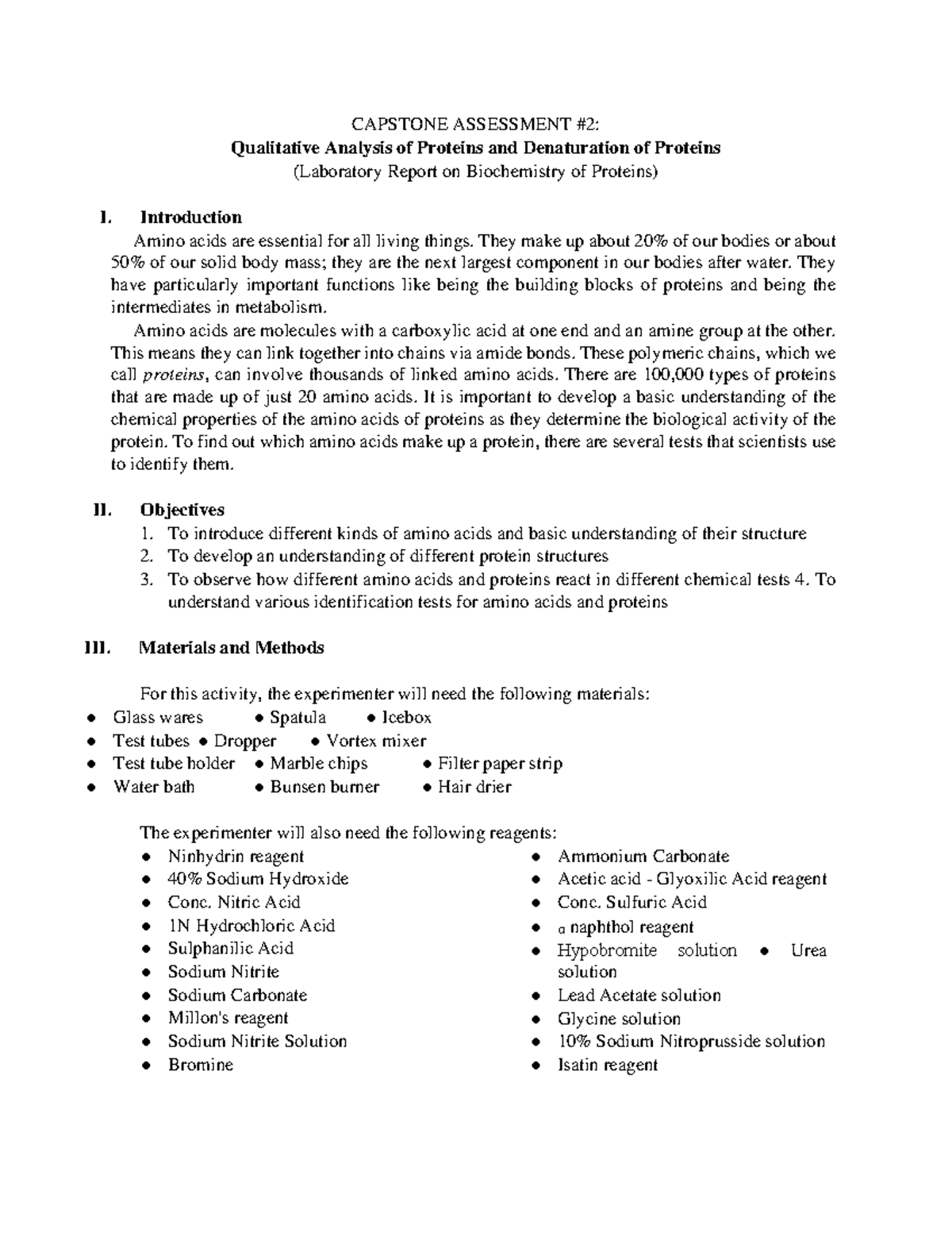 Laboratory Report on Biochemistry of Proteins CAPSTONE ASSESSMENT 2