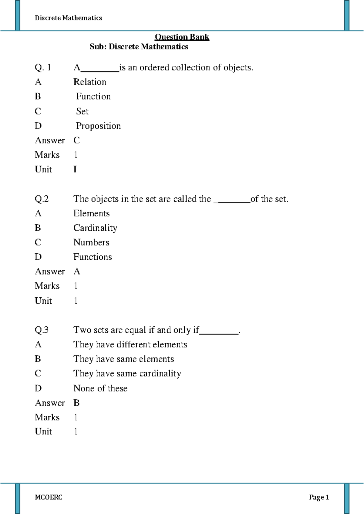 DIS240217 SID - Short Questioning and answering of Mathematics ...