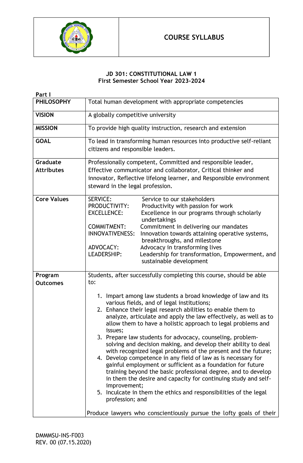 Course-Syllabus JD-301 - DMMMSU-INS-F JD 3 01 : CONSTITUTIONAL LAW 1 ...