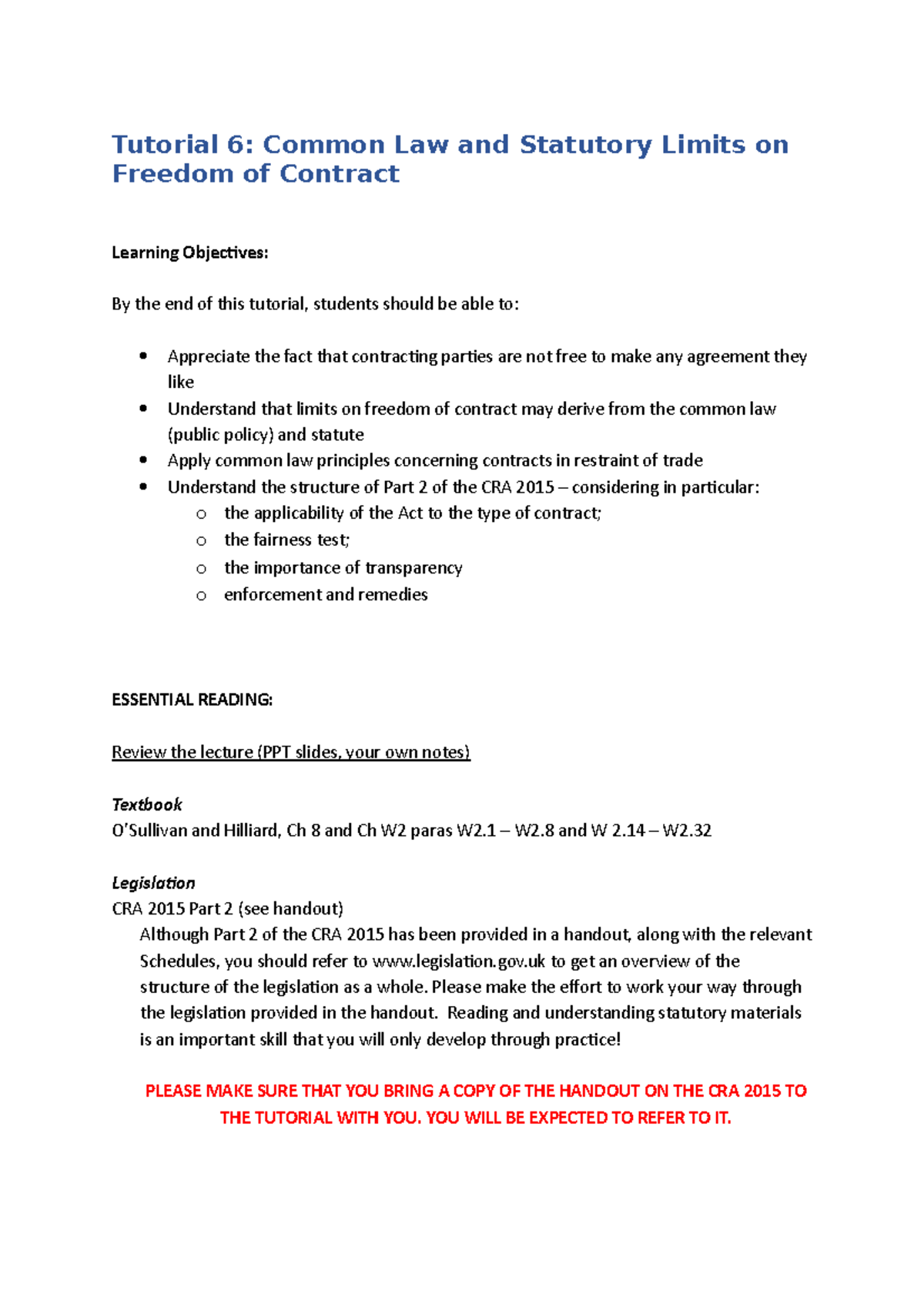 Tutorial 6 Common Law and Statutory Limits on Freedom of Contract