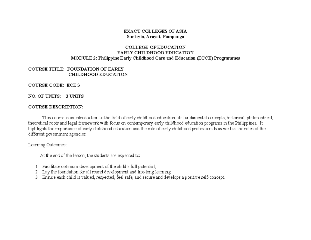 ECE 3 Module 2 - n/a - EXACT COLLEGES OF ASIA Suclayin, Arayat ...
