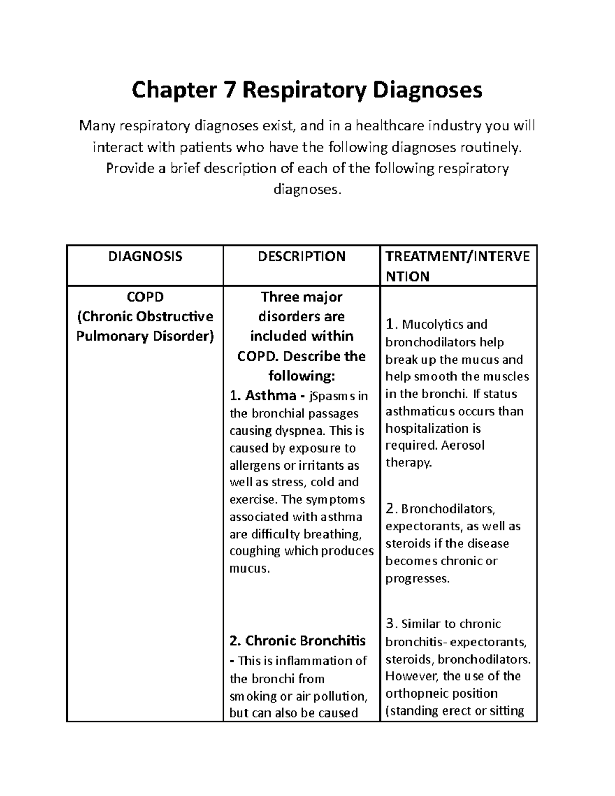 Finished Resp. Diagnosis Worksheet Chapter 7 Respiratory Diagnoses
