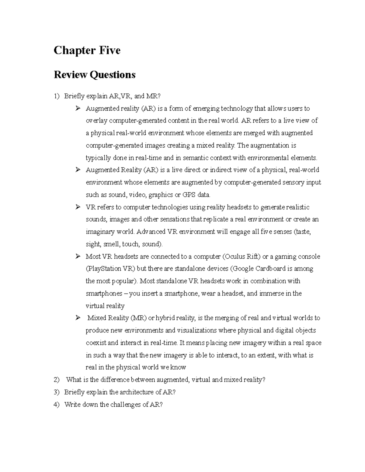 Abel - lecture - Chapter Five Review Questions Briefly explain AR,VR ...