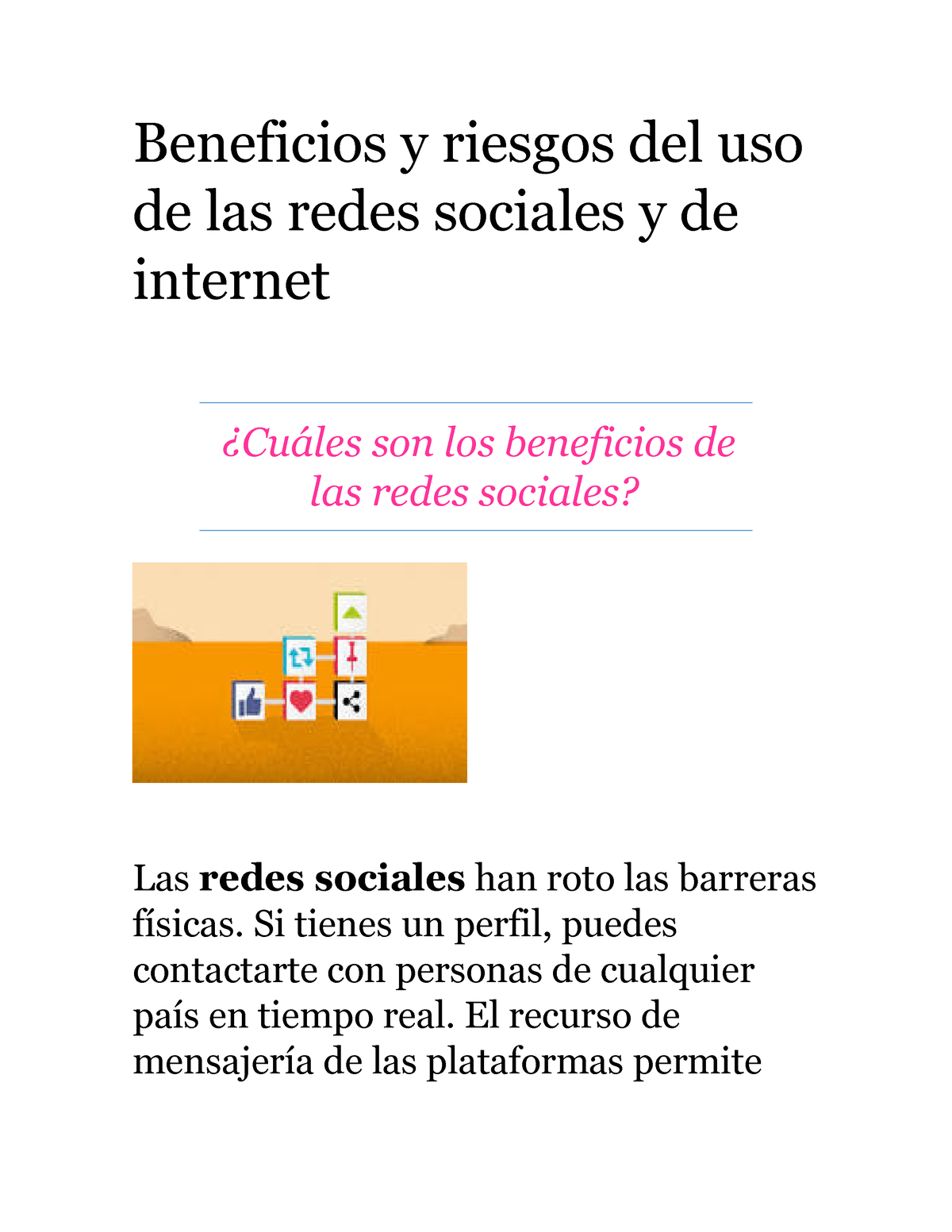 Beneficios Y Riesgos Del Uso De Las Redes Sociales Y De Internet Beneficios Y Riesgos Del Uso