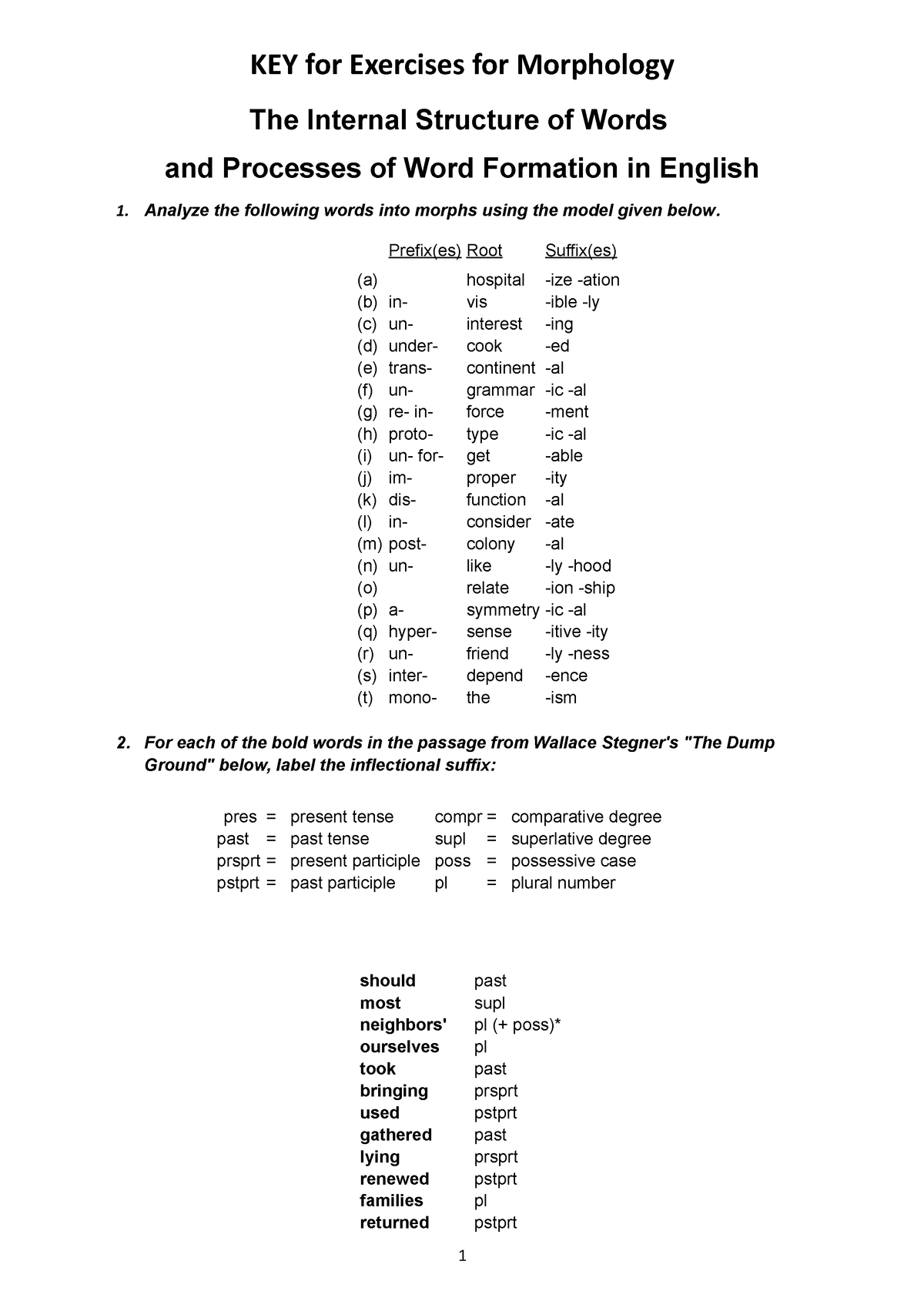 KEY Exercises For Morphology 2018 - KEY For Exercises For Morphology ...