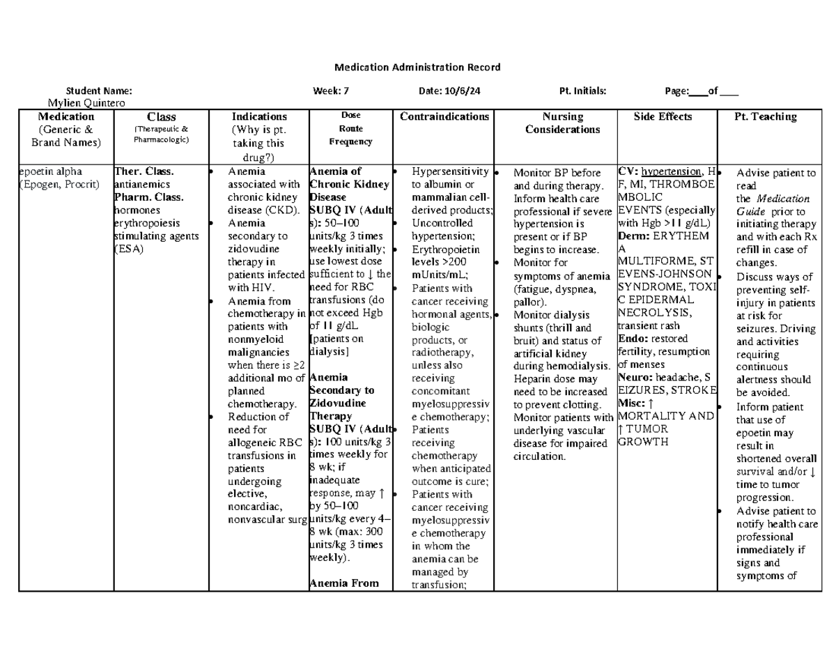 MAR Week 7 - 211 - Med List - Nurs 211L - WCU - Studocu