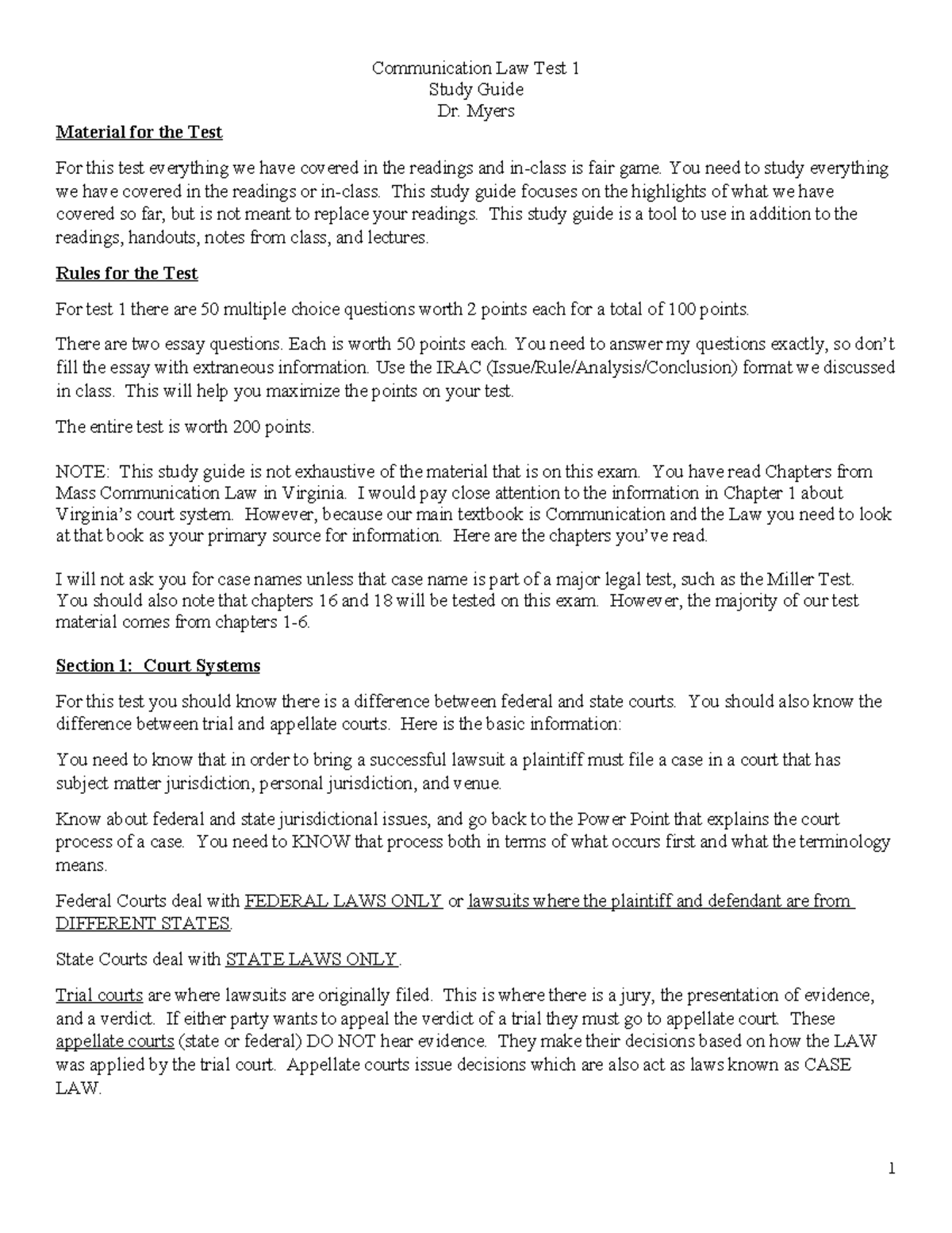 Study Guide Test 1 - Communication Law Test 1 Study Guide Dr. Myers ...