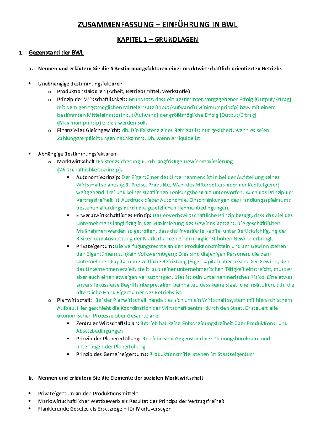 Zusammenfassung - ZUSAMMENFASSUNG – EINFÜHRUNG IN BWL KAPITEL 1 ...