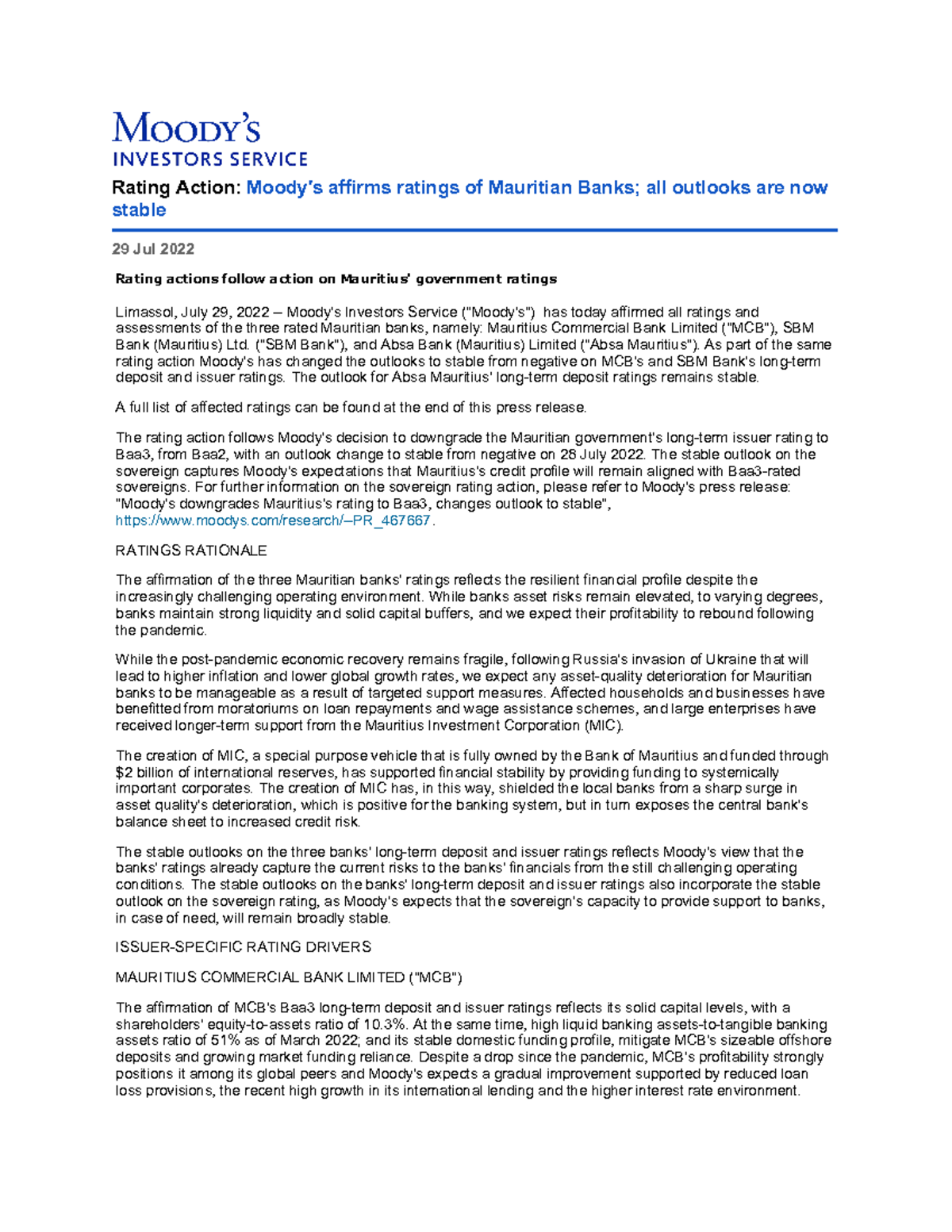 Rating Action MoodysaffirmsratingsofMauritianBanksalloutlooks