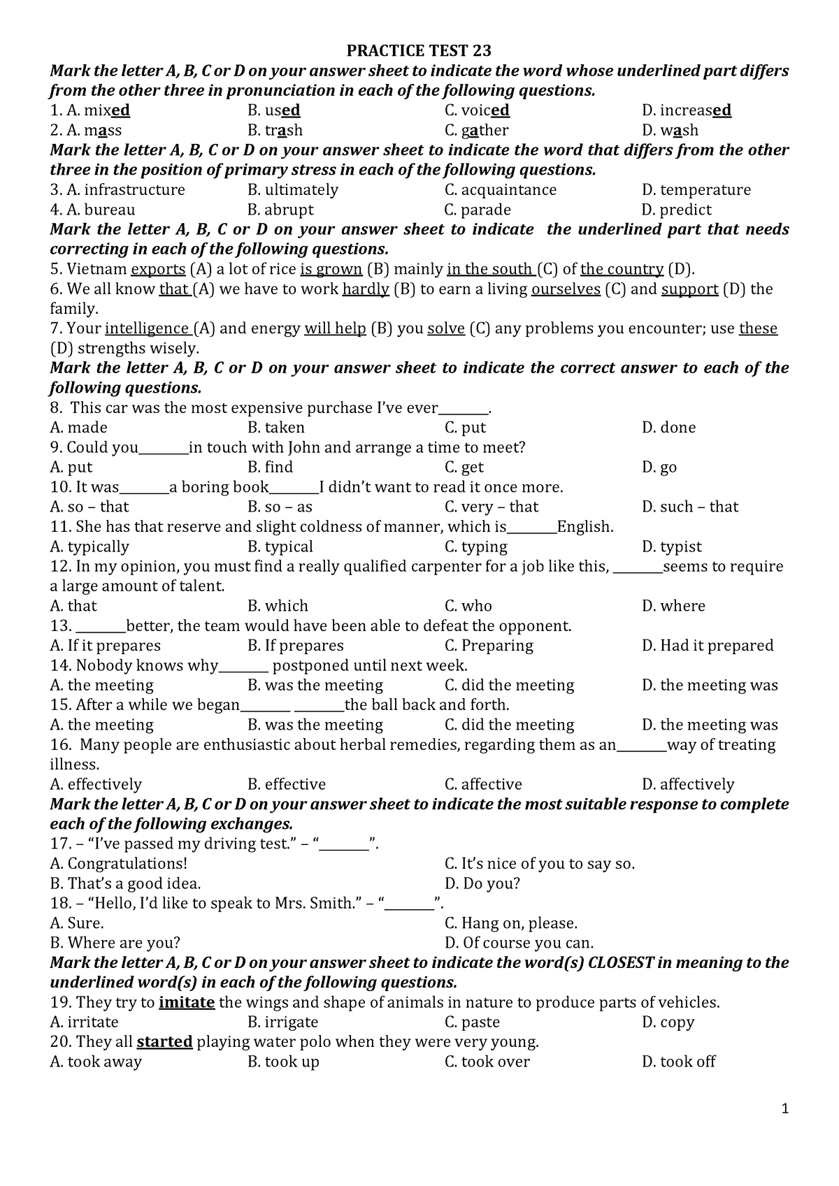 Anh 9 Practice Test 23 - PRACTICE TEST 23 Mark The Letter A, B, C Or D ...