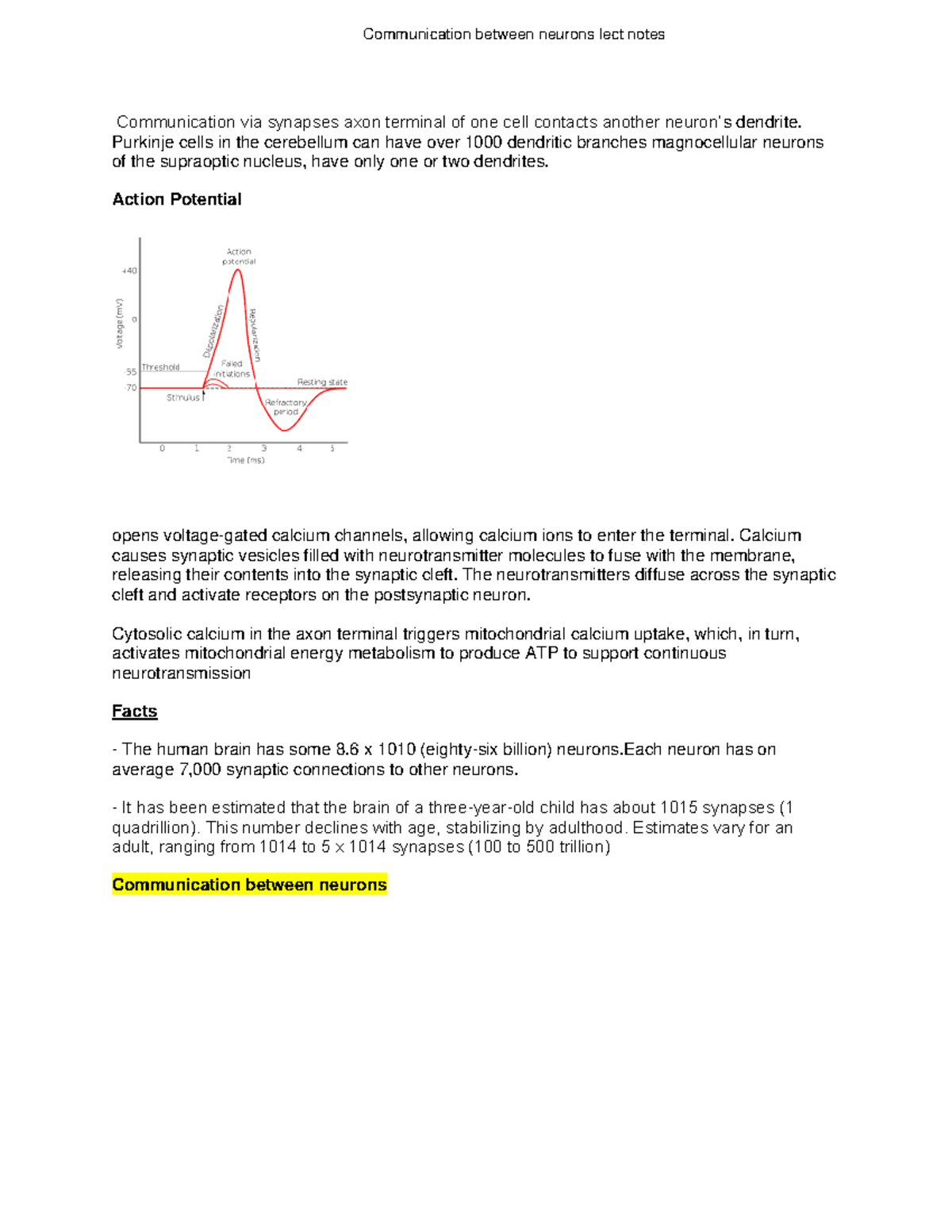 Communication between neurons lect notes - Communication via synapses ...