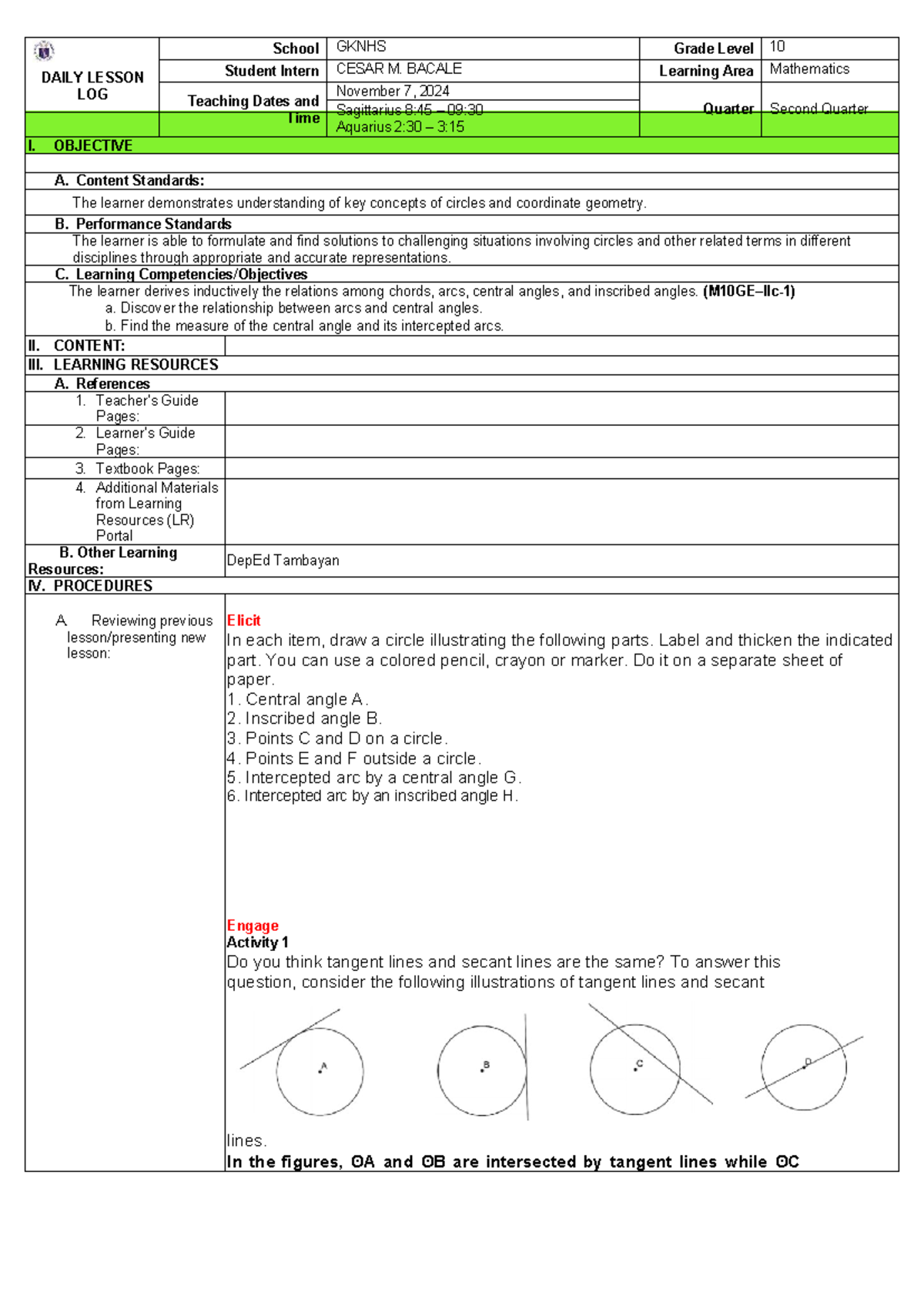 Lp Theorem arc and chord - I. OBJECTIVE A. Content Standards: The ...
