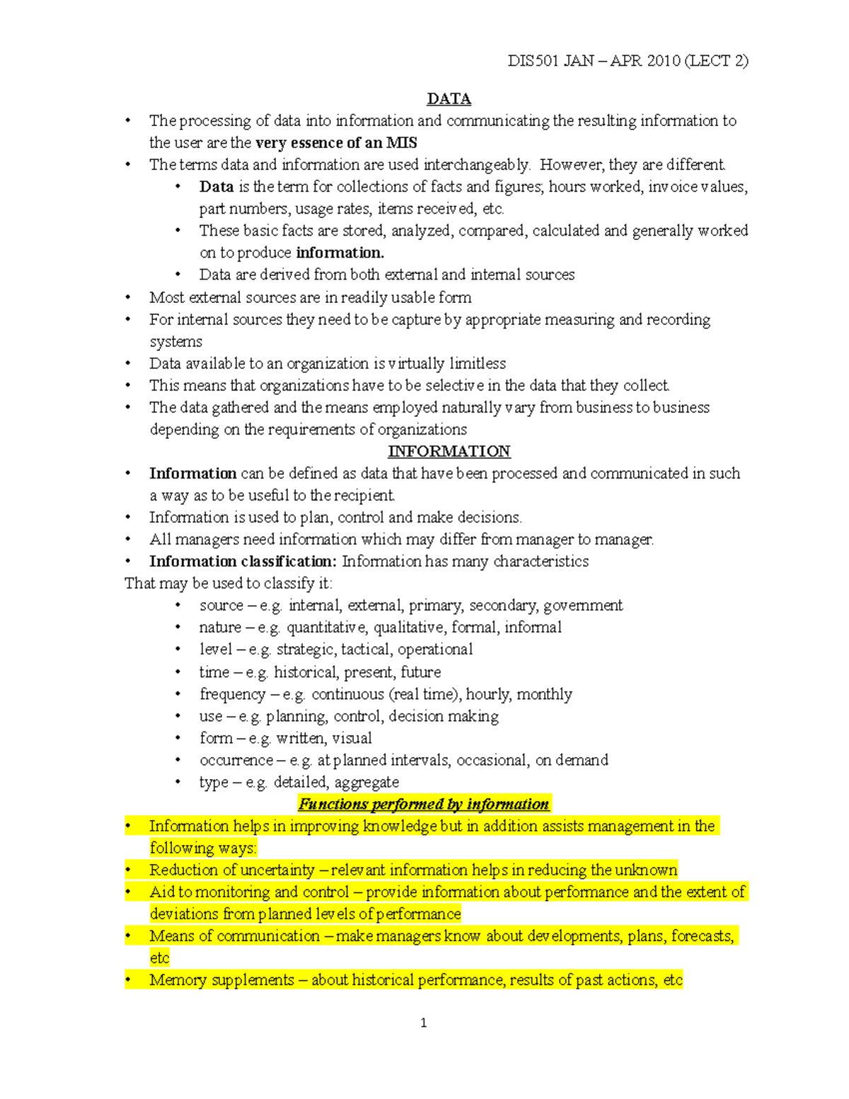 ( lect 2)DATA Information AND Communications - DIS501 JAN APR 2010 ...