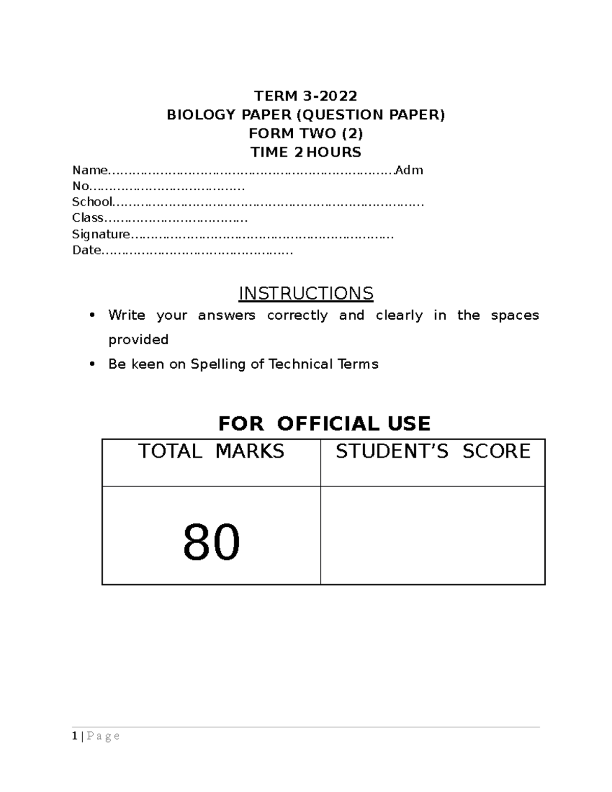 F2 BIO QS - TERM 3- BIOLOGY PAPER (QUESTION PAPER) FORM TWO (2) TIME 2 ...